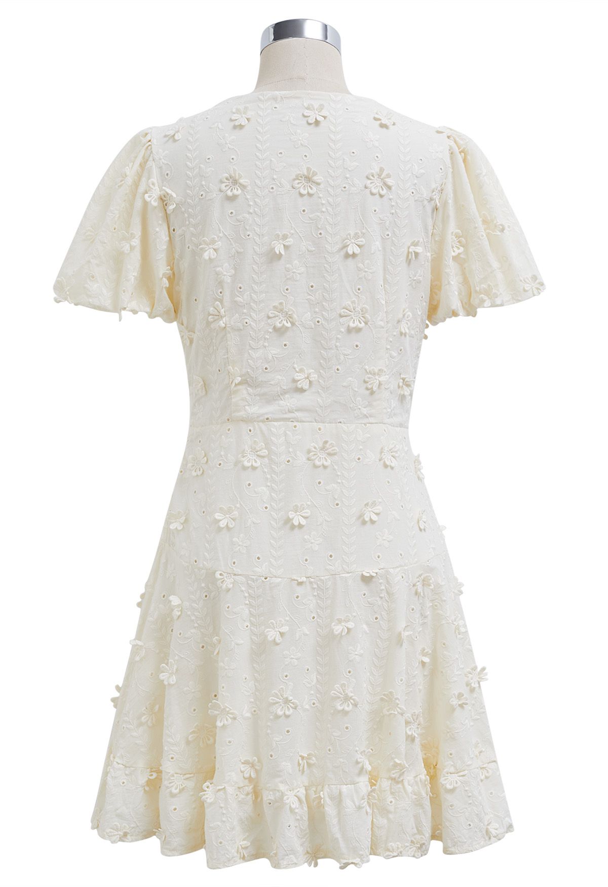 3D Daisy Bubble Sleeve Cotton Mini Dress in Cream