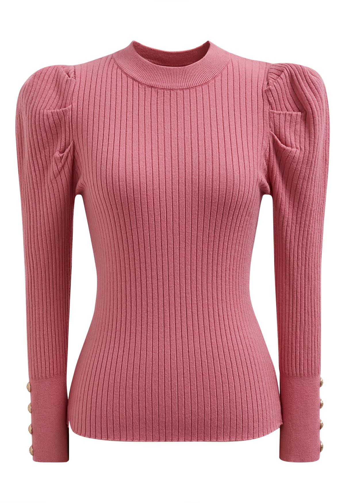 Modern Gigot Sleeves Rib Knit Top in Pink