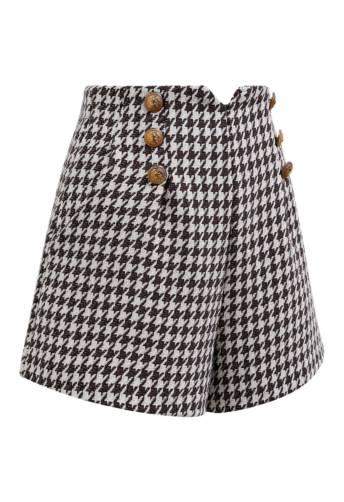 Metallic Houndstooth Golden Button Shorts in Brown