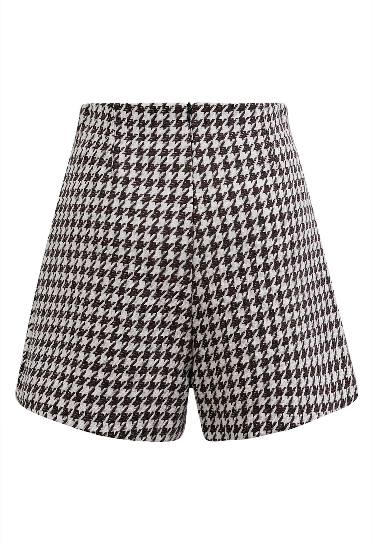 Metallic Houndstooth Golden Button Shorts in Brown