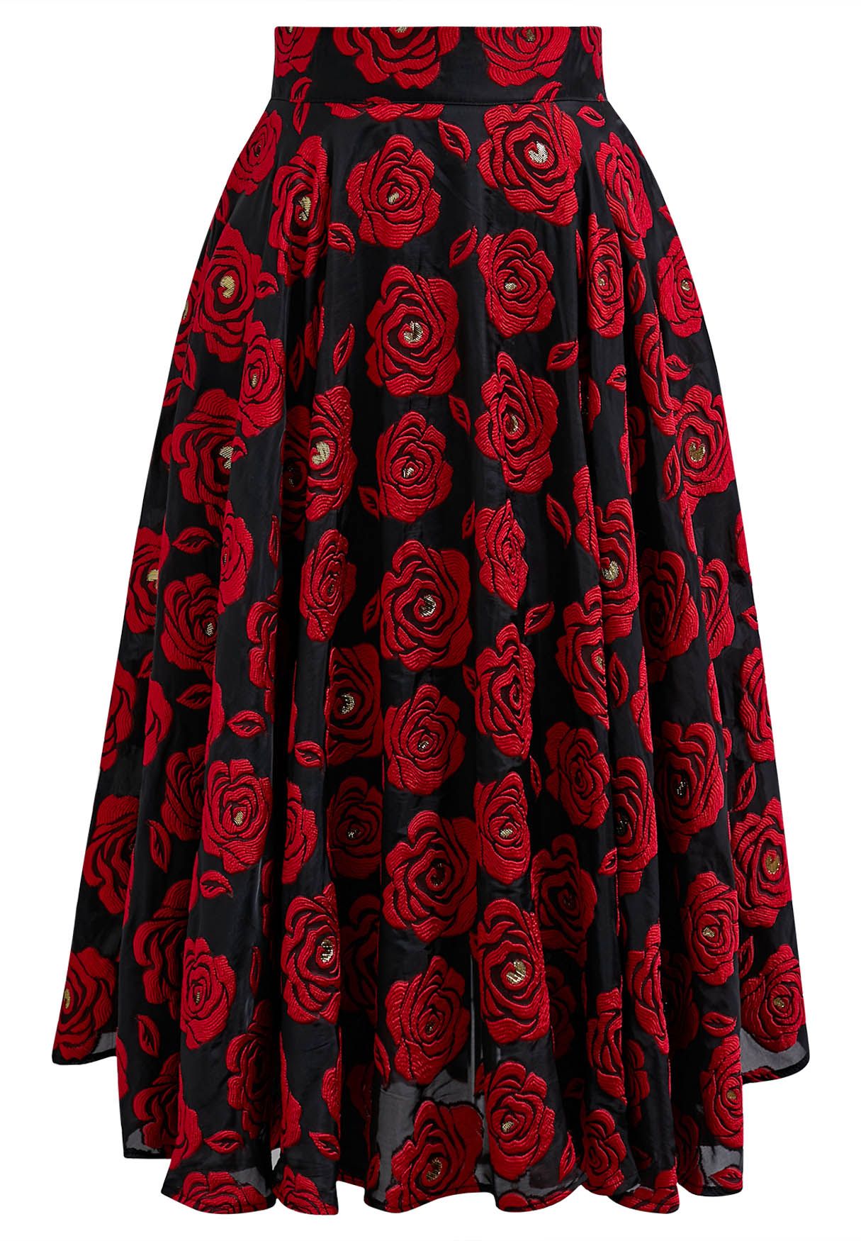 Red Rose Jacquard Organza Midi Skirt