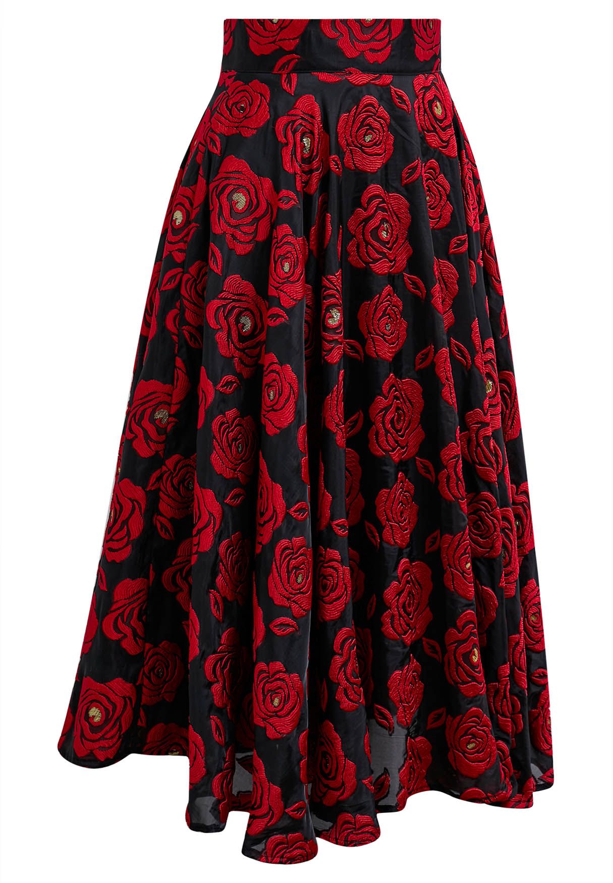 Red Rose Jacquard Organza Midi Skirt