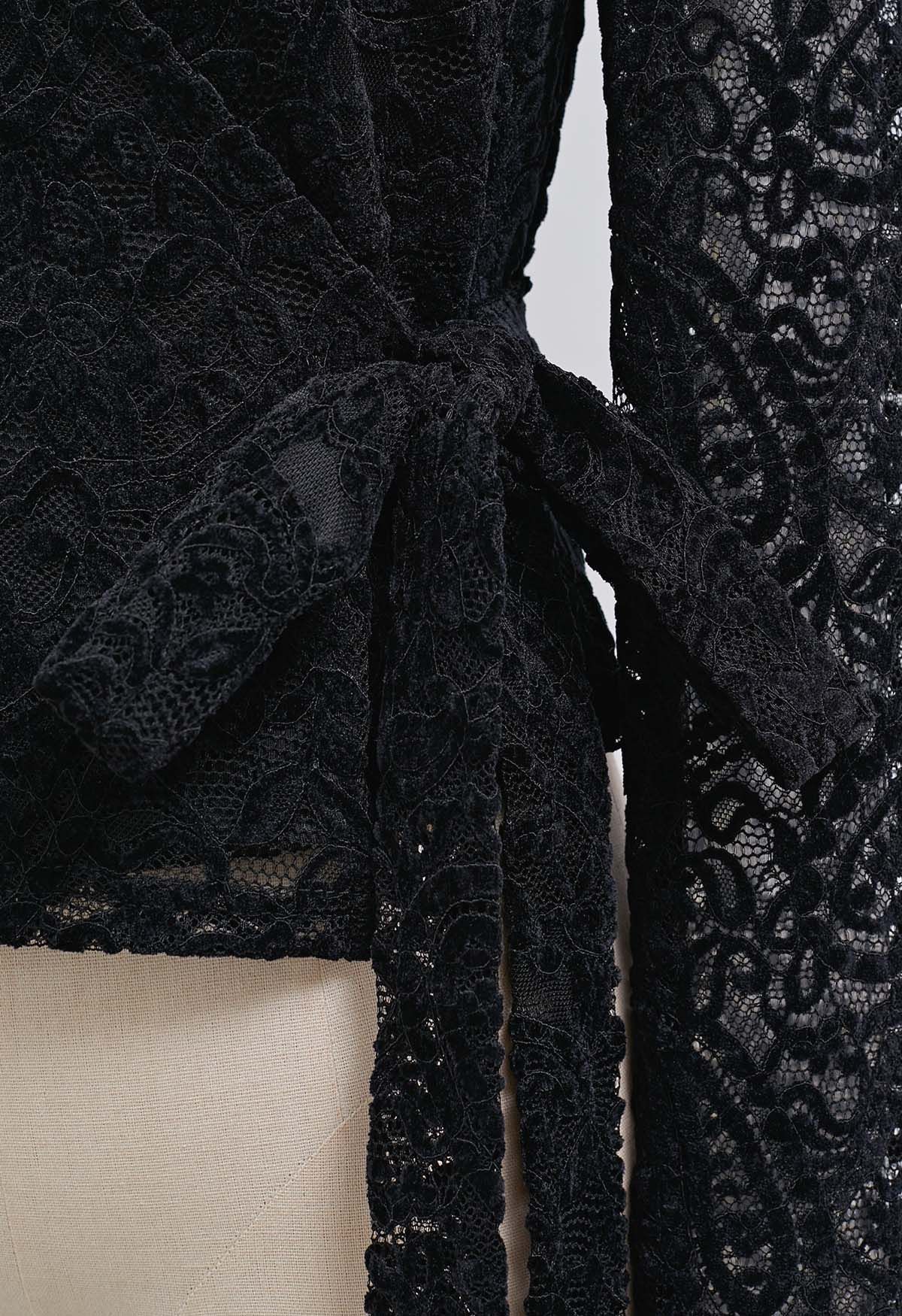 Paisley Full Lace Tie Waist Wrap Top in Black