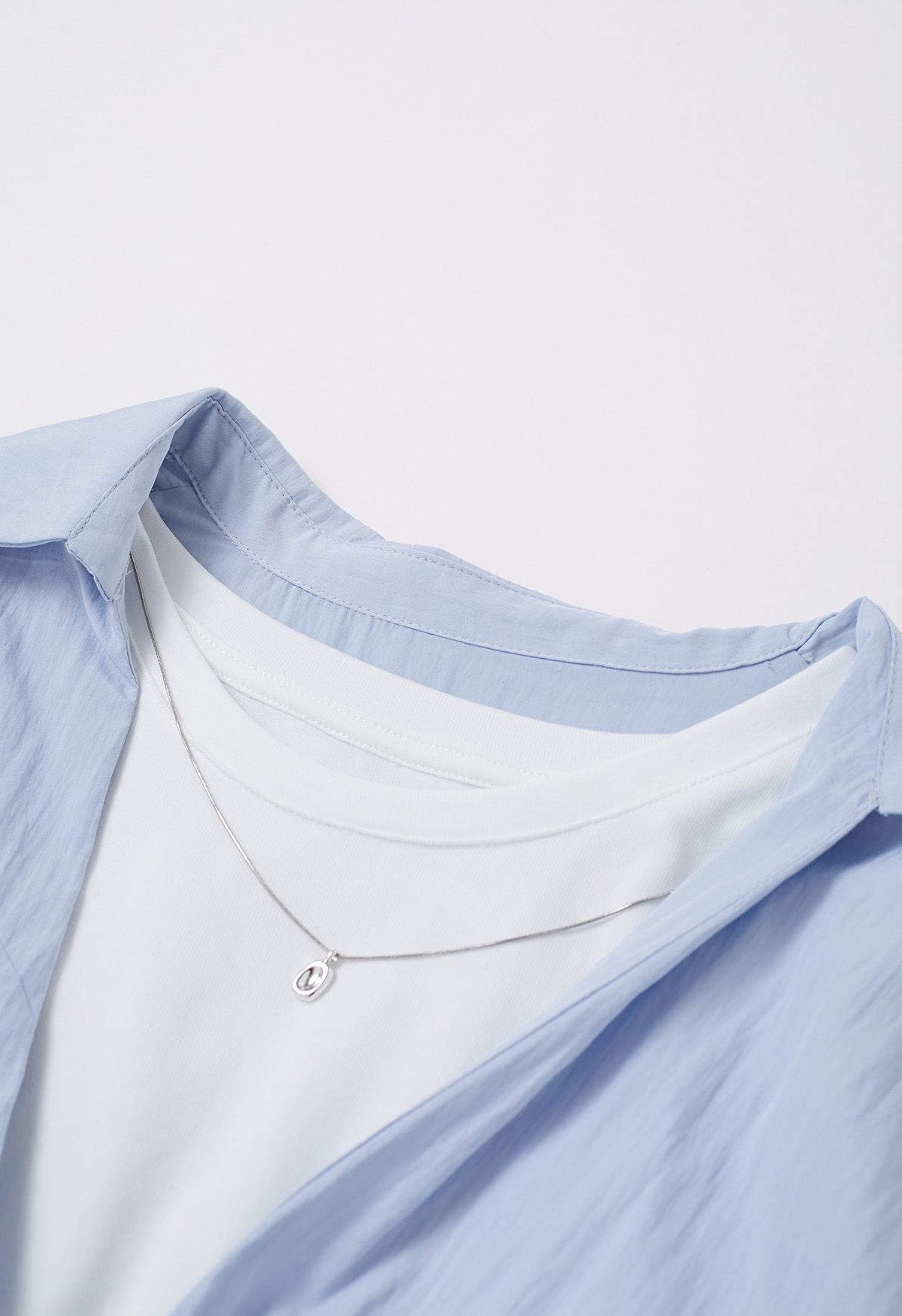 Necklace Decorated Fake Two-Piece Shirt in Light Blue