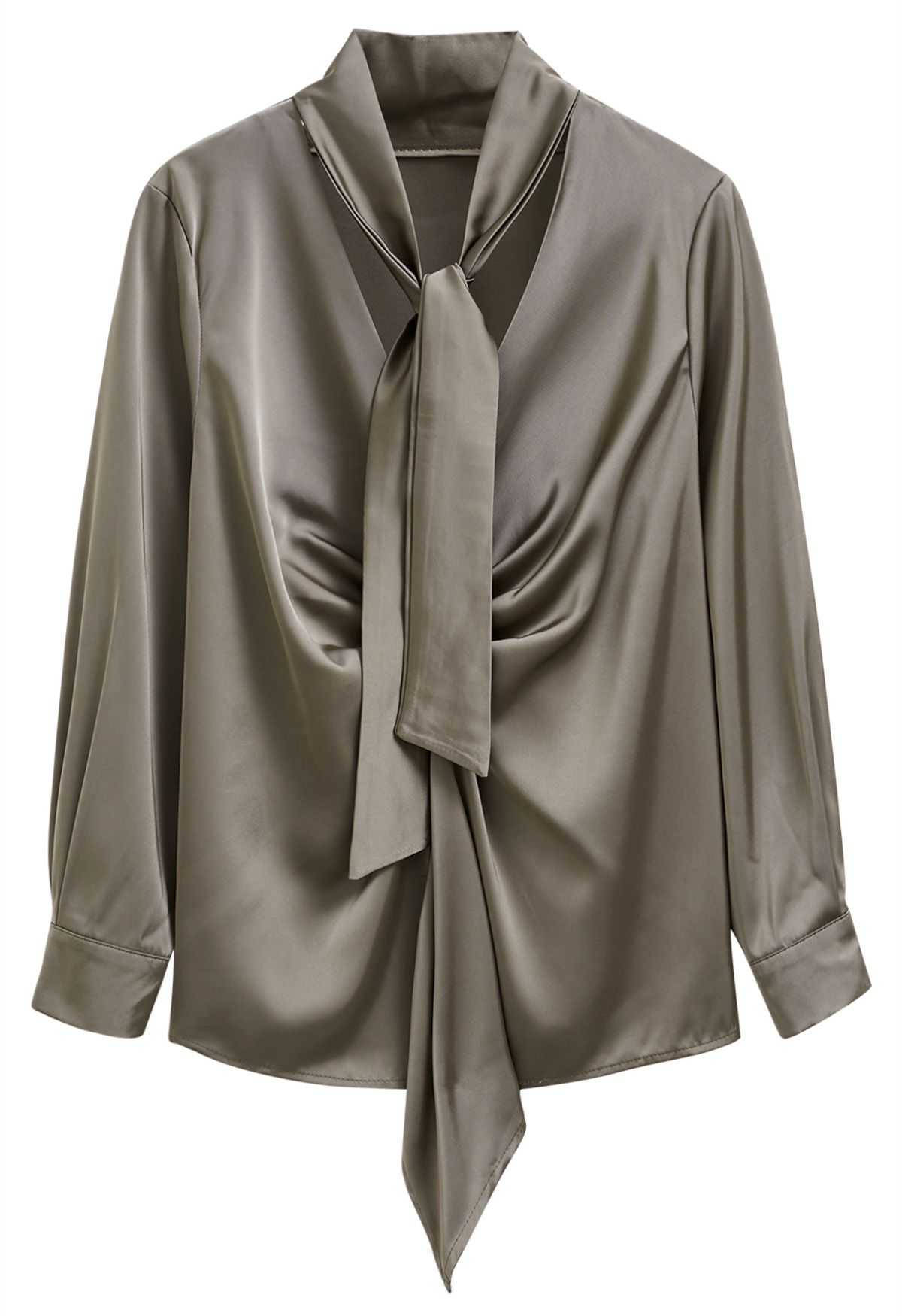 Tie Sash V-Neck Ruched Satin Top in Khaki