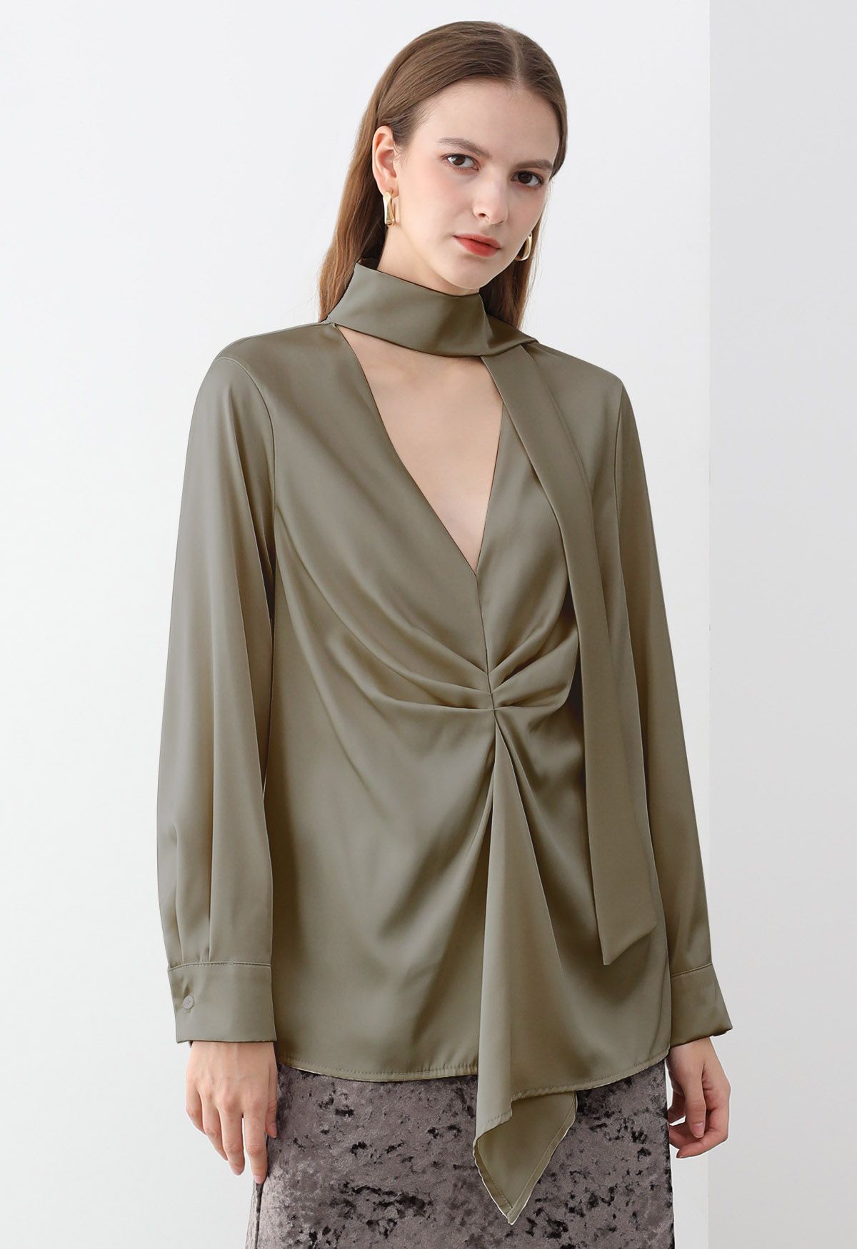 Tie Sash V-Neck Ruched Satin Top in Khaki