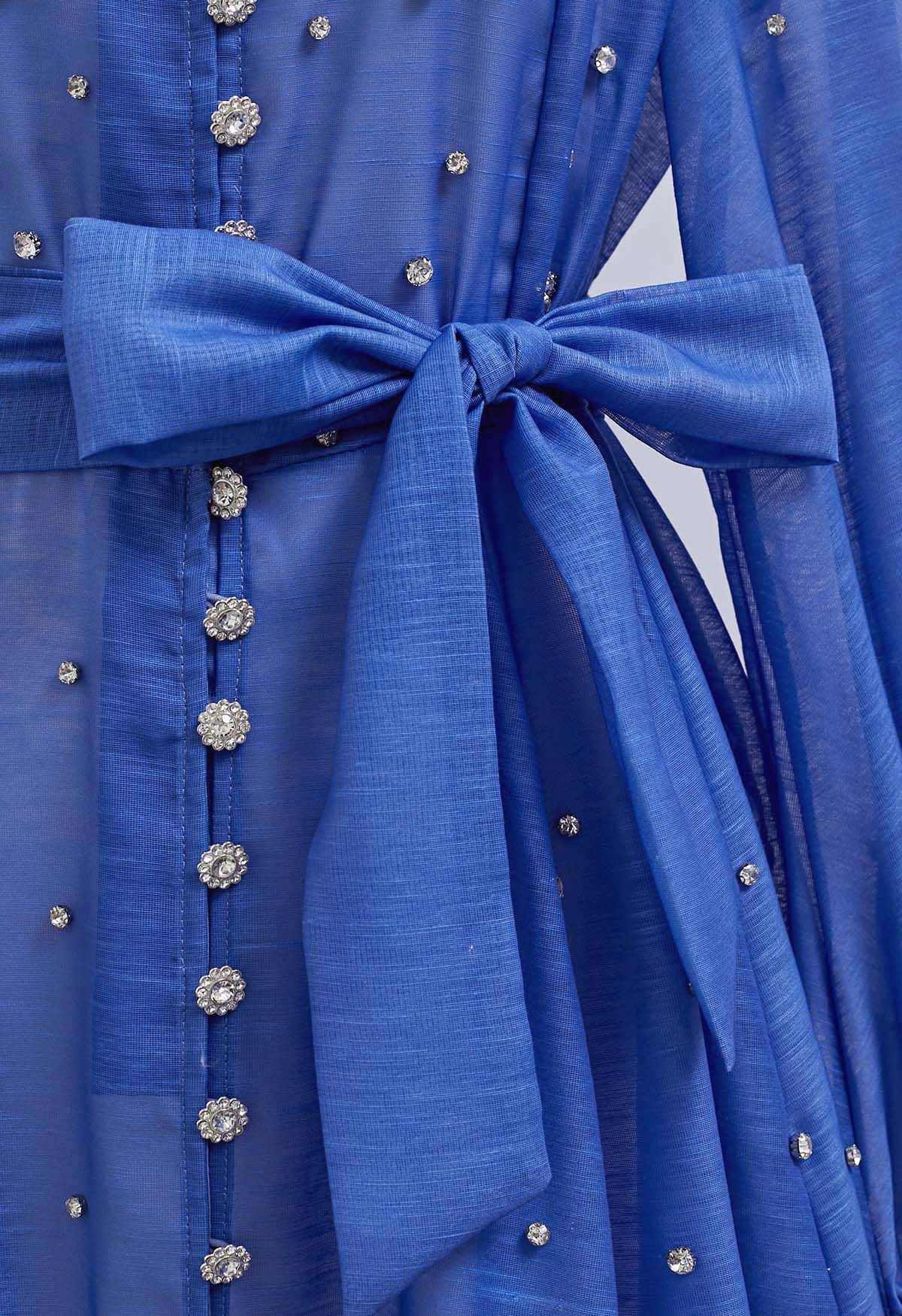 Rhinestone Decor Button Tie-Sash Organza Dress in Blue