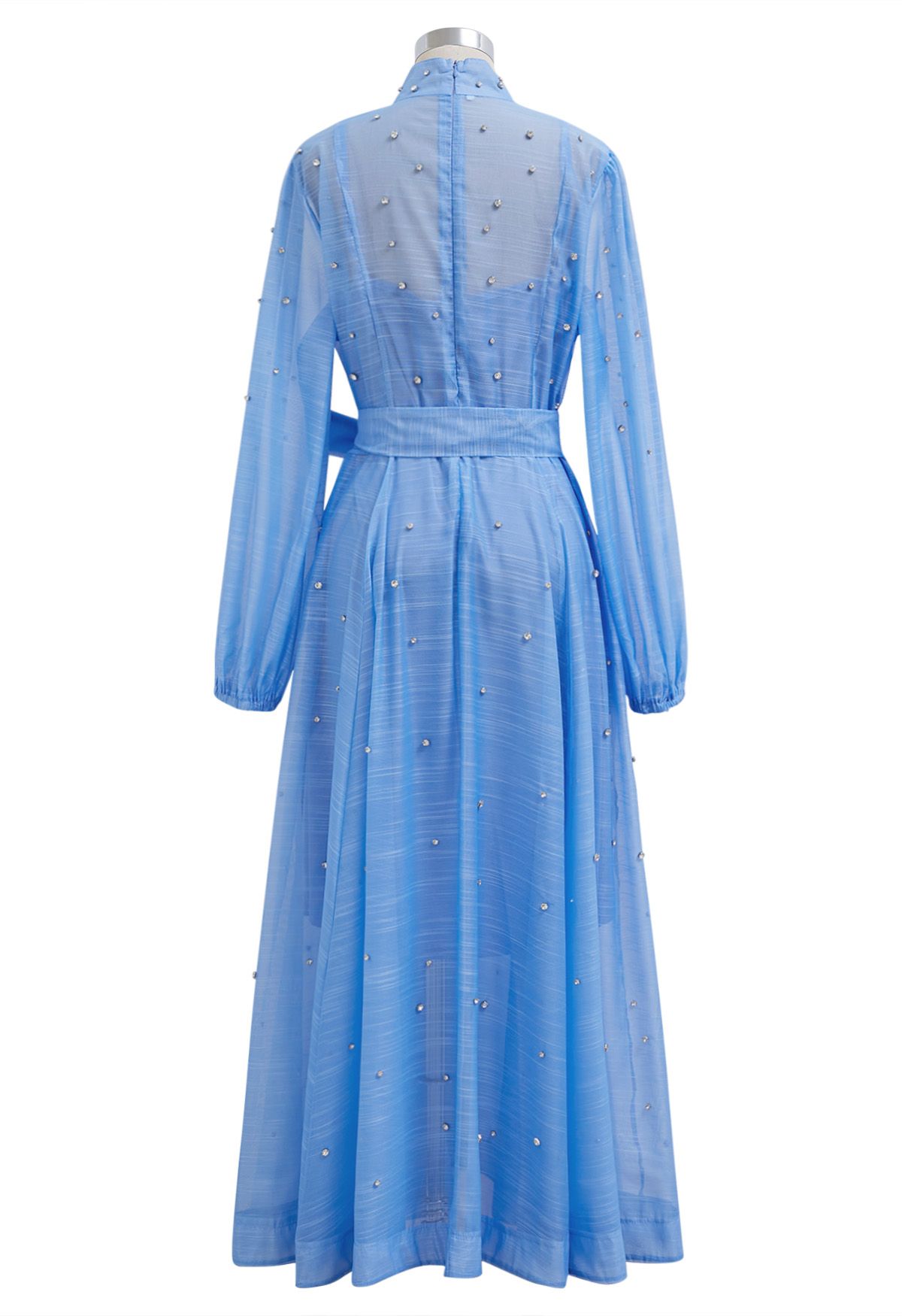 Rhinestone Decor Button Tie-Sash Organza Maxi Dress in Light Blue