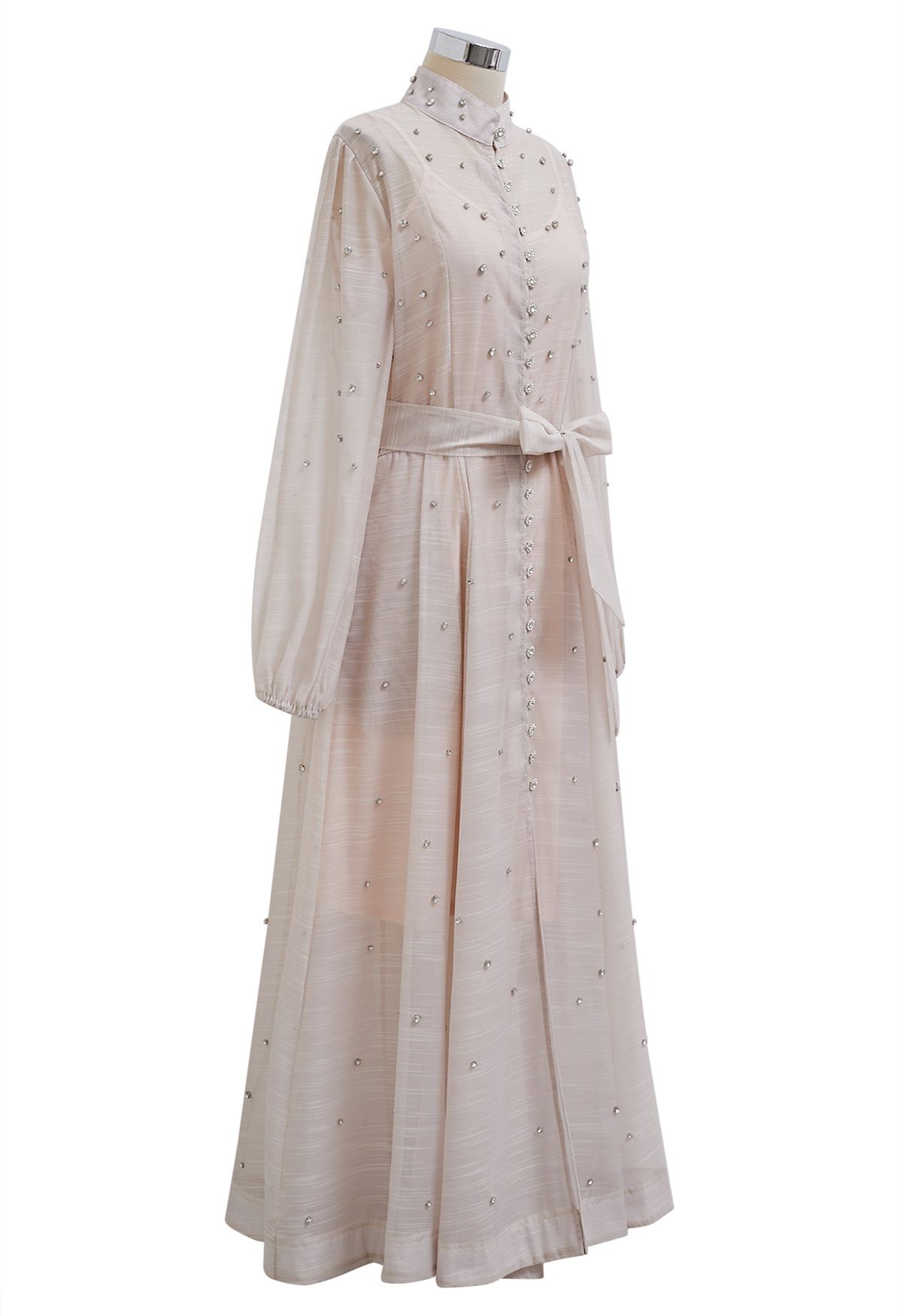 Rhinestone Decor Button Tie-Sash Organza Maxi Dress in Apricot