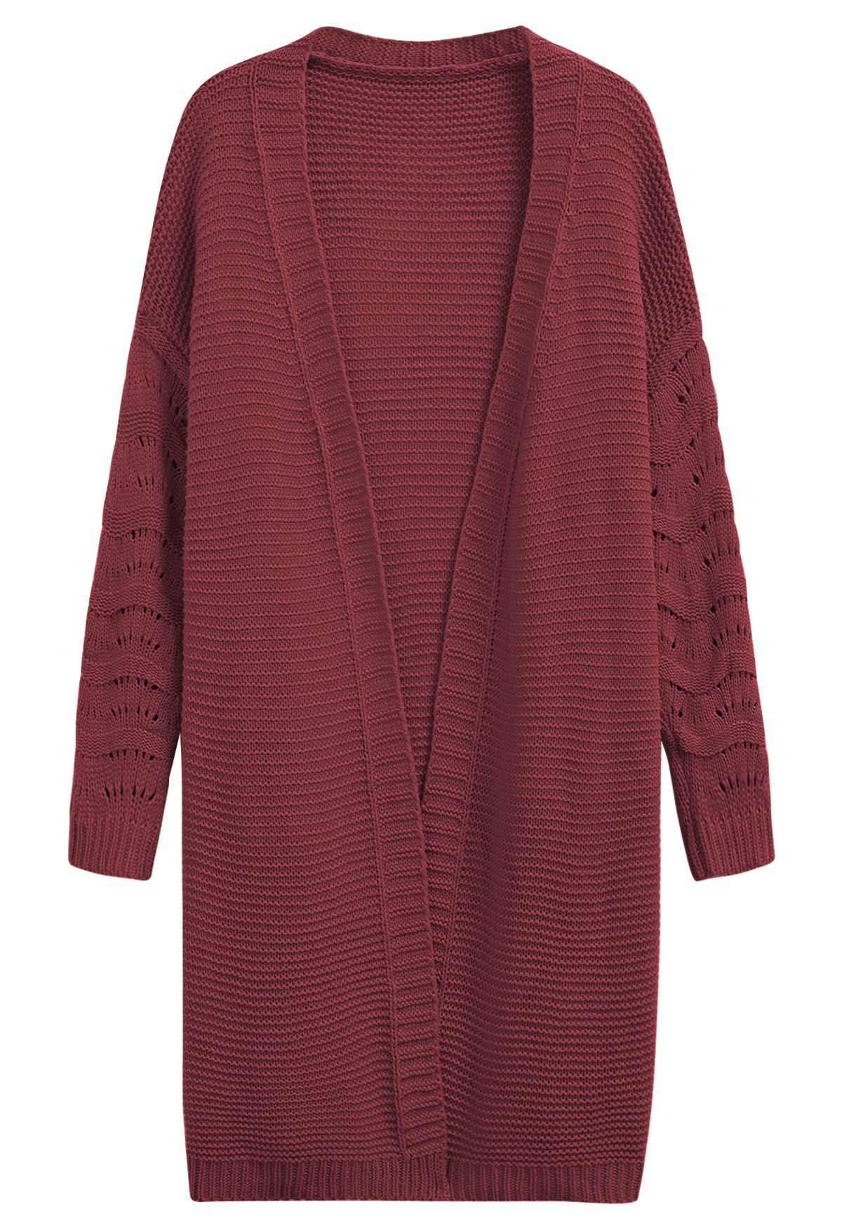 Pointelle Sleeve Open Front Longline Cardigan in Burgundy