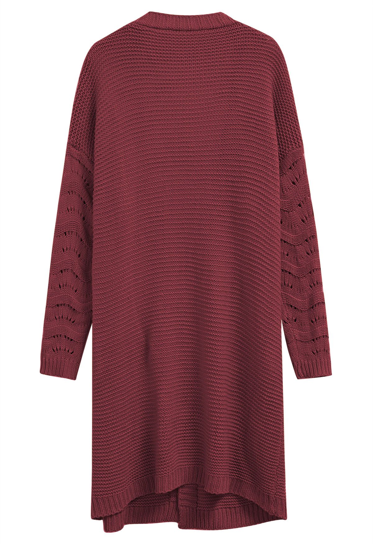 Pointelle Sleeve Open Front Longline Cardigan in Burgundy