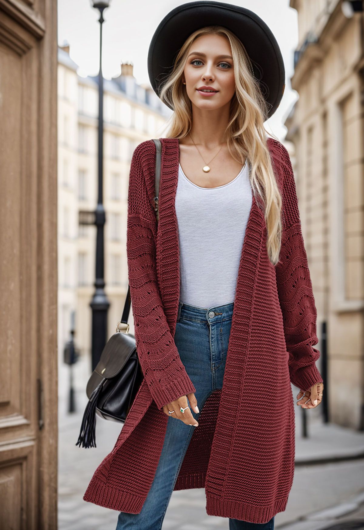 Pointelle Sleeve Open Front Longline Cardigan in Burgundy