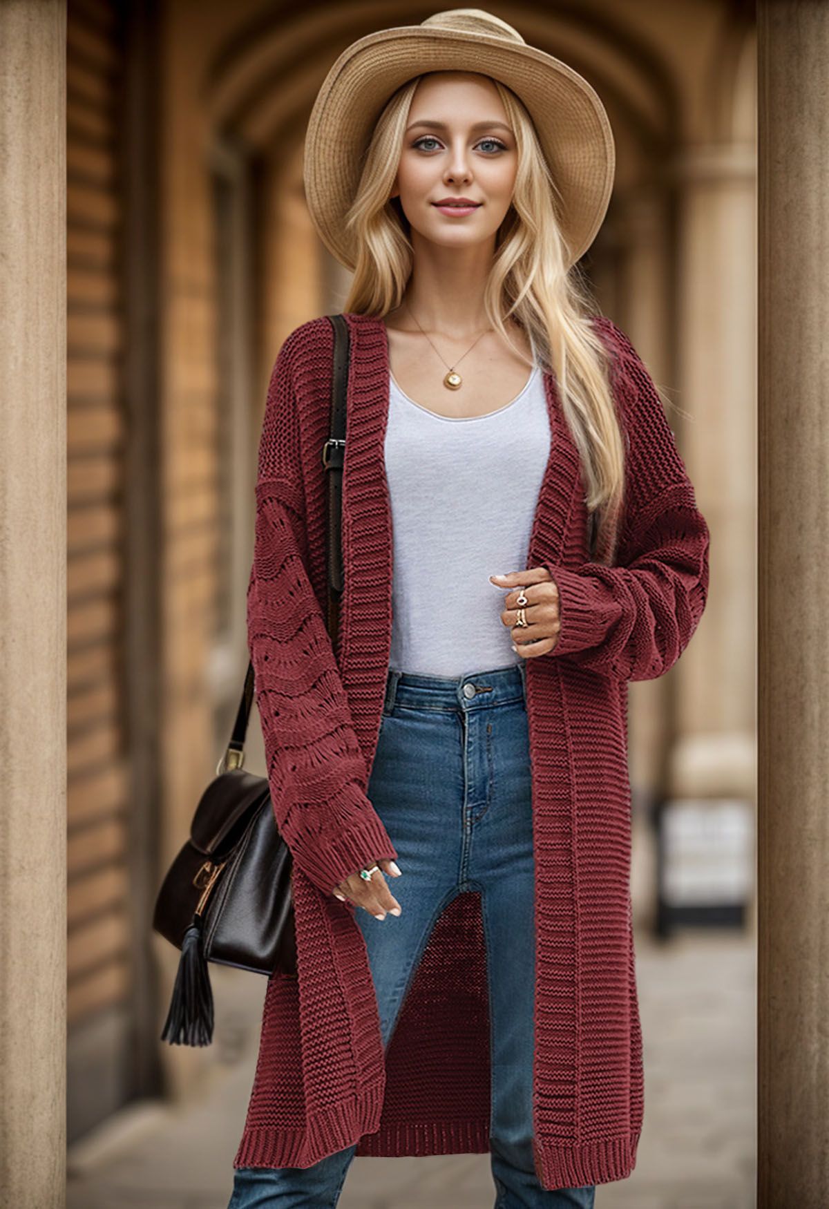 Pointelle Sleeve Open Front Longline Cardigan in Burgundy