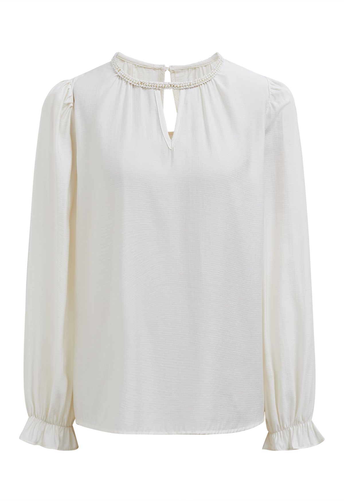 Pearl Neck V-Shape Cutout Top in Cream