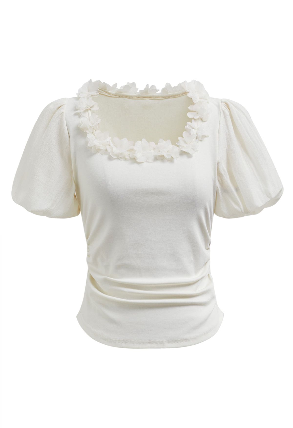 3D Flowers Neckline Bubble Sleeve Ruched Crop Top in White