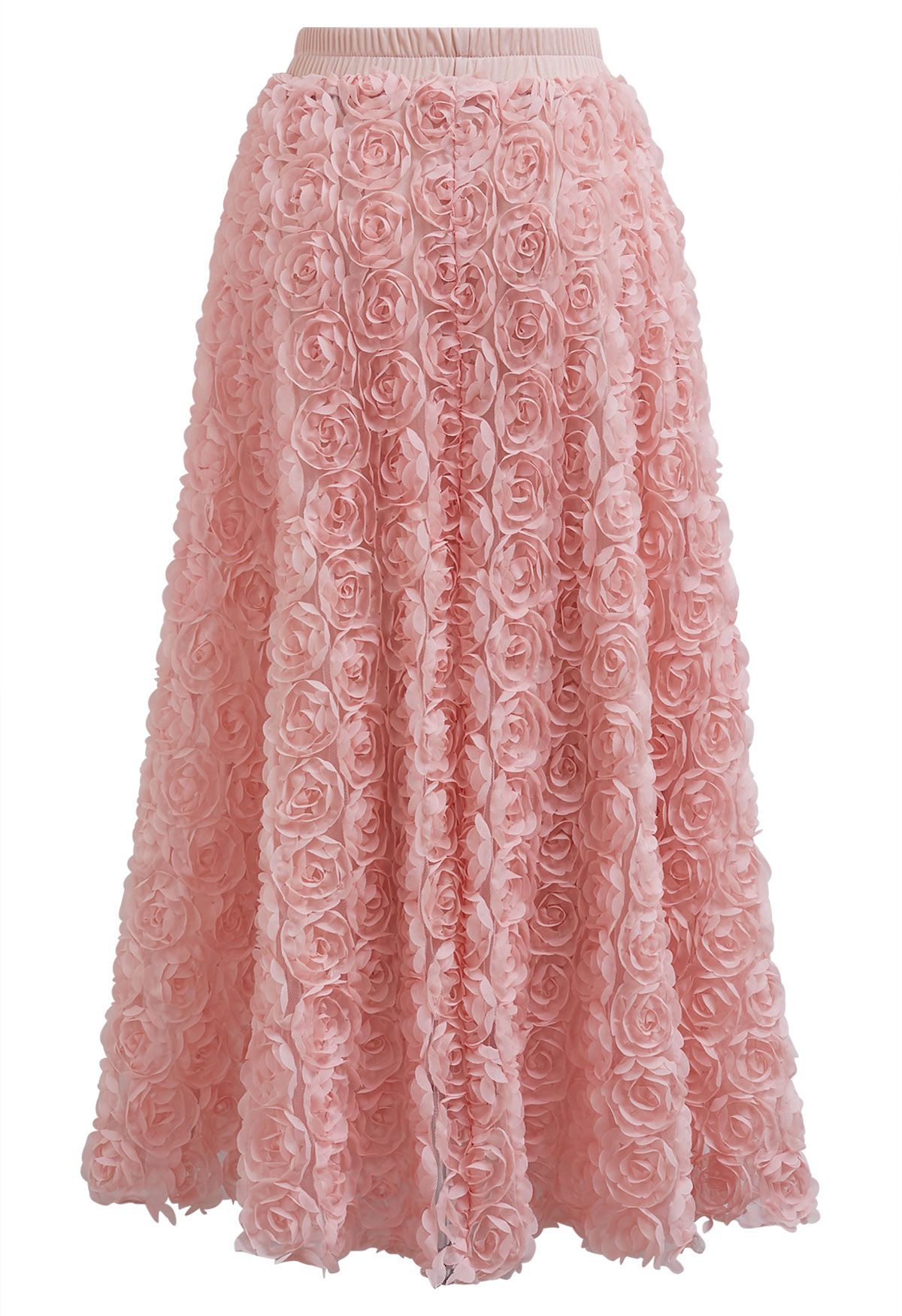 3D Rose Petal Mesh Midi Skirt in Pink