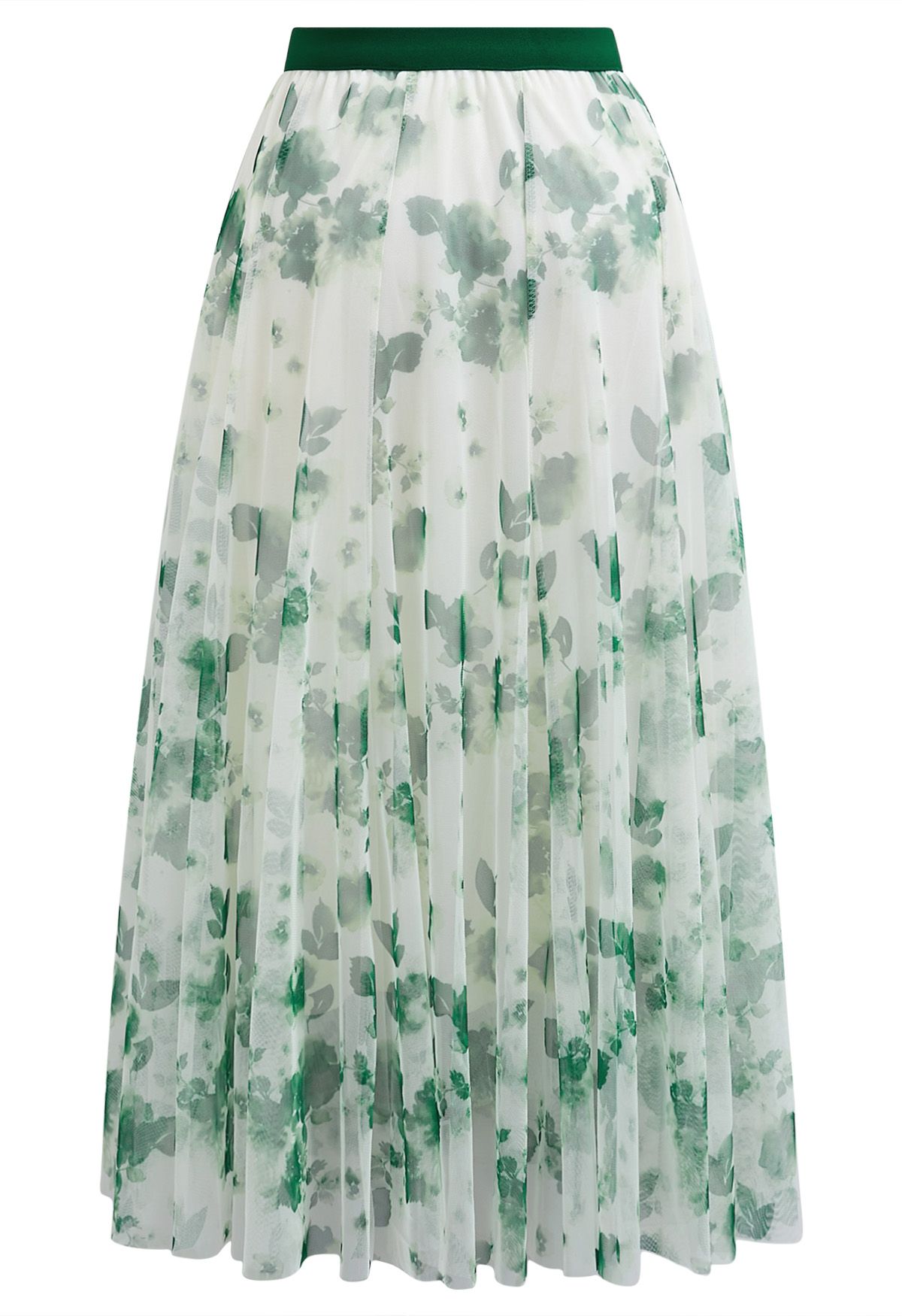 Watercolor Floral Printed Mesh Tulle Midi Skirt in Green