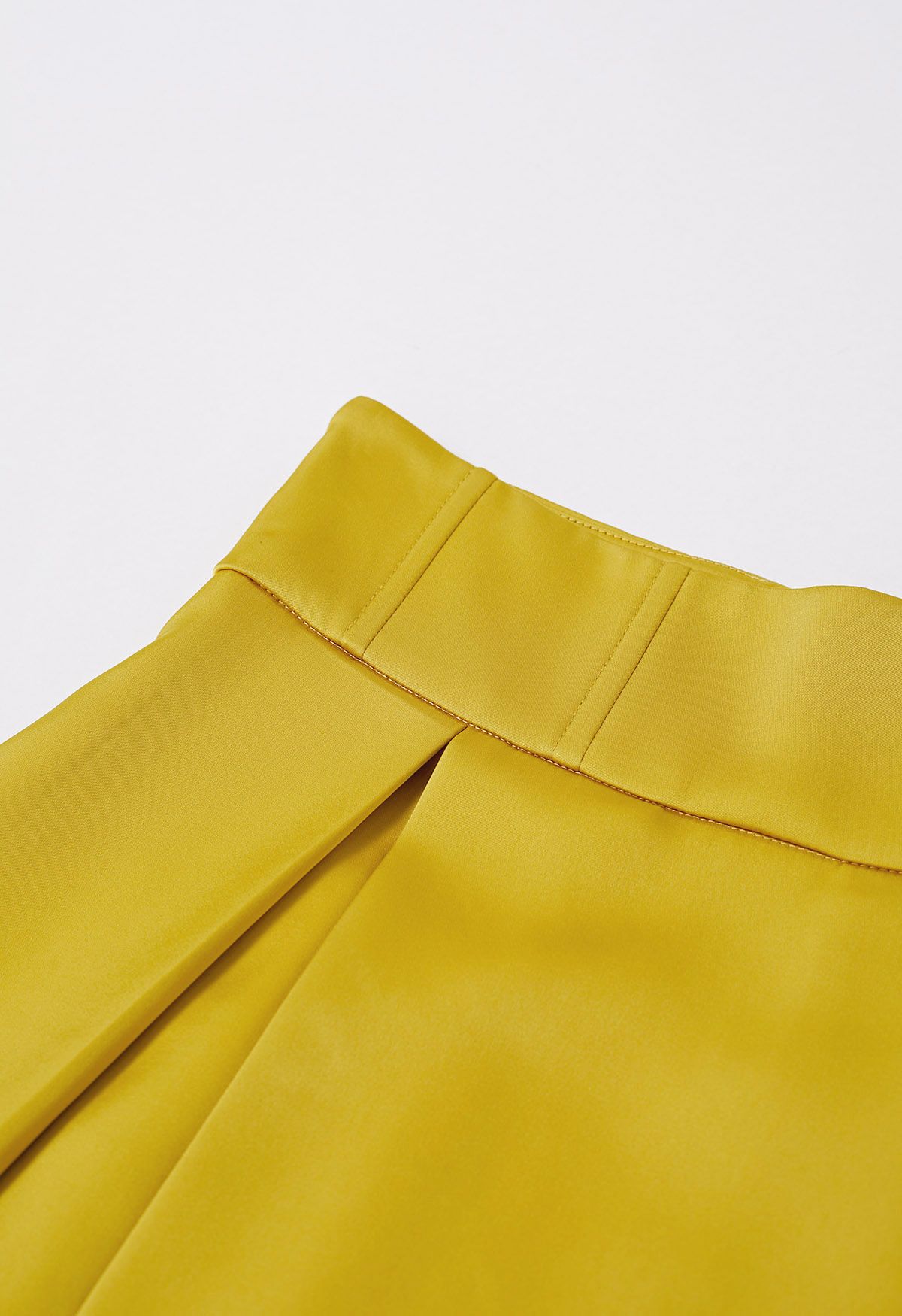 High-Slit Seamed Waist Pleated Satin Maxi Skirt in Yellow