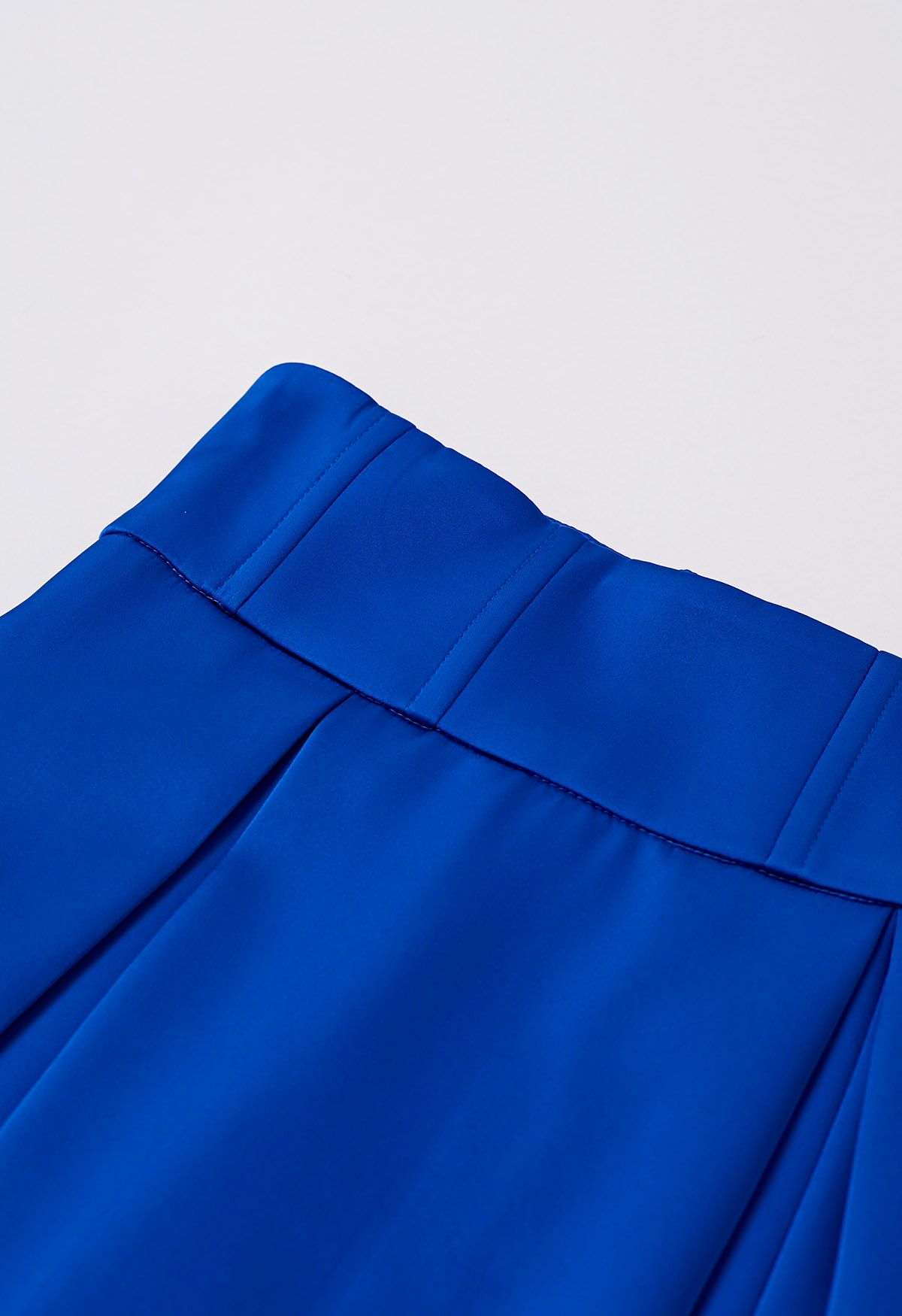 High-Slit Seamed Waist Pleated Satin Maxi Skirt in Indigo