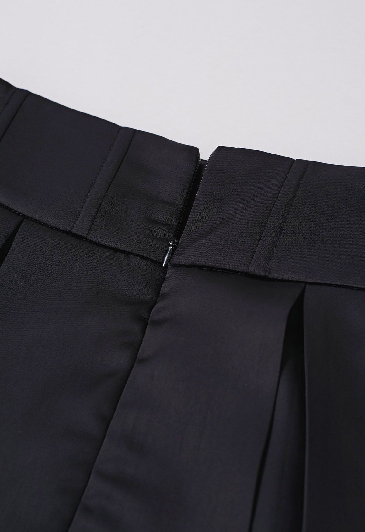 High-Slit Seamed Waist Pleated Satin Maxi Skirt in Black