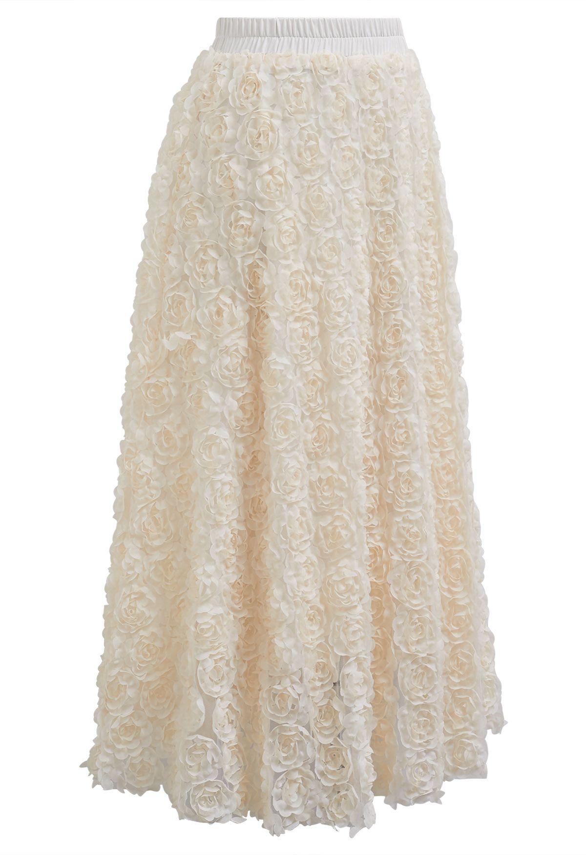 3D Rose Petal Mesh Midi Skirt in Cream