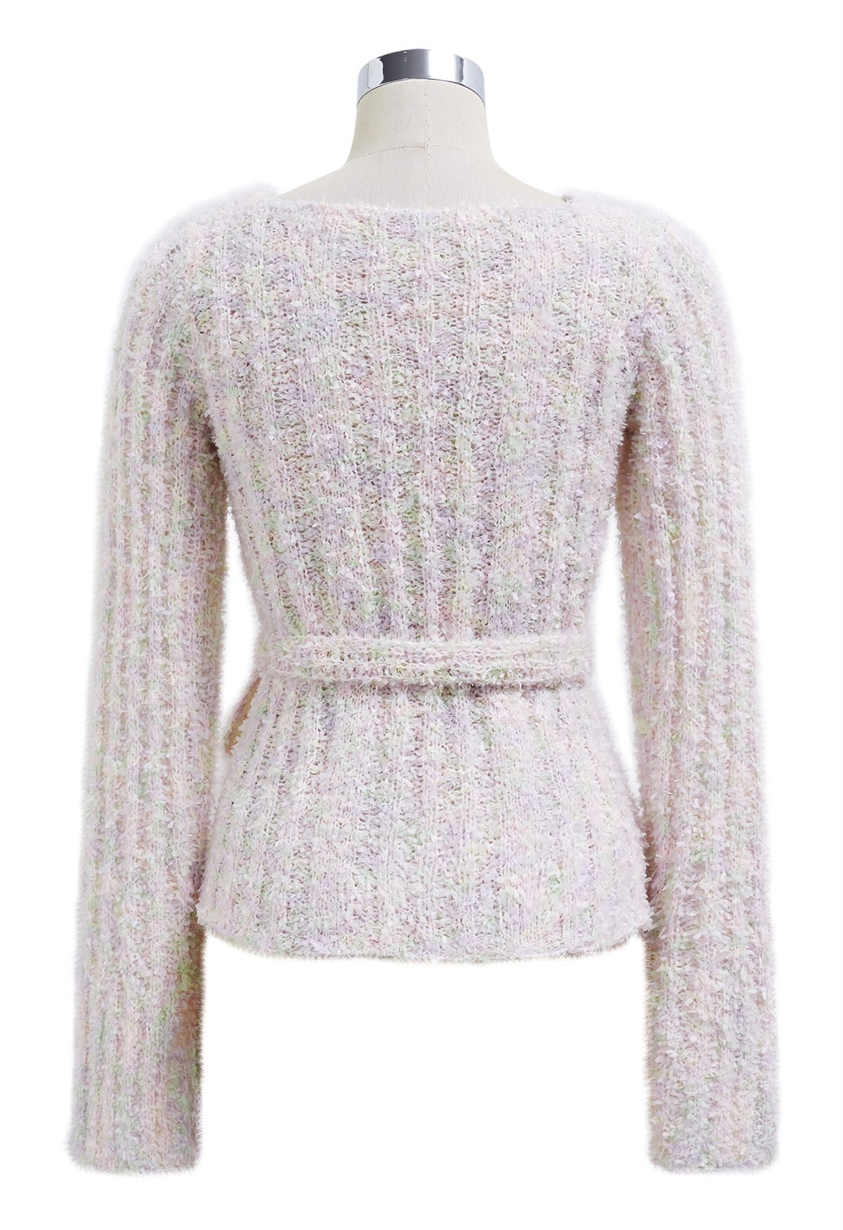 Self-Tie Waist Buttoned Knit Top in Pink