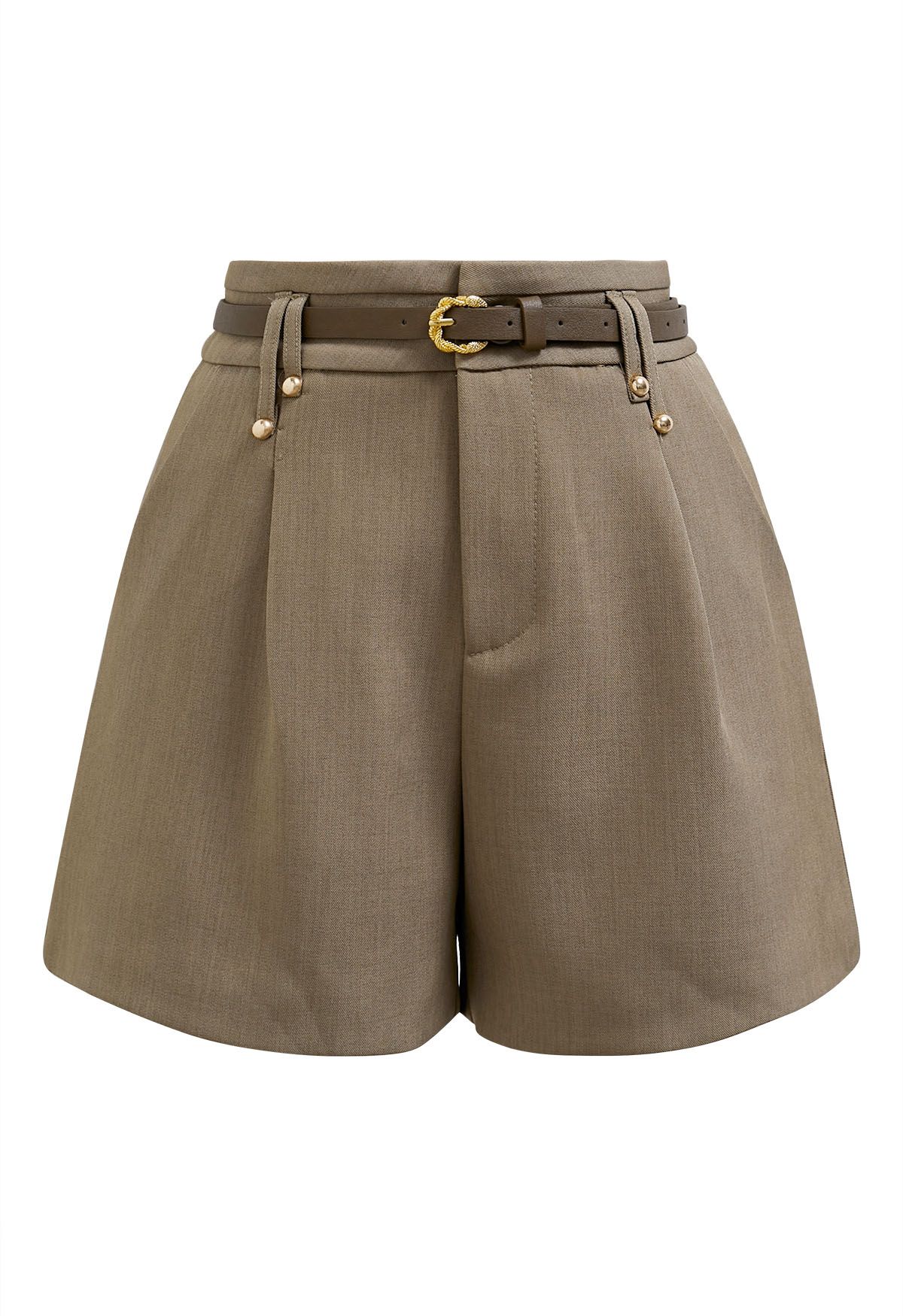 Solid Color Belted Shorts in Brown