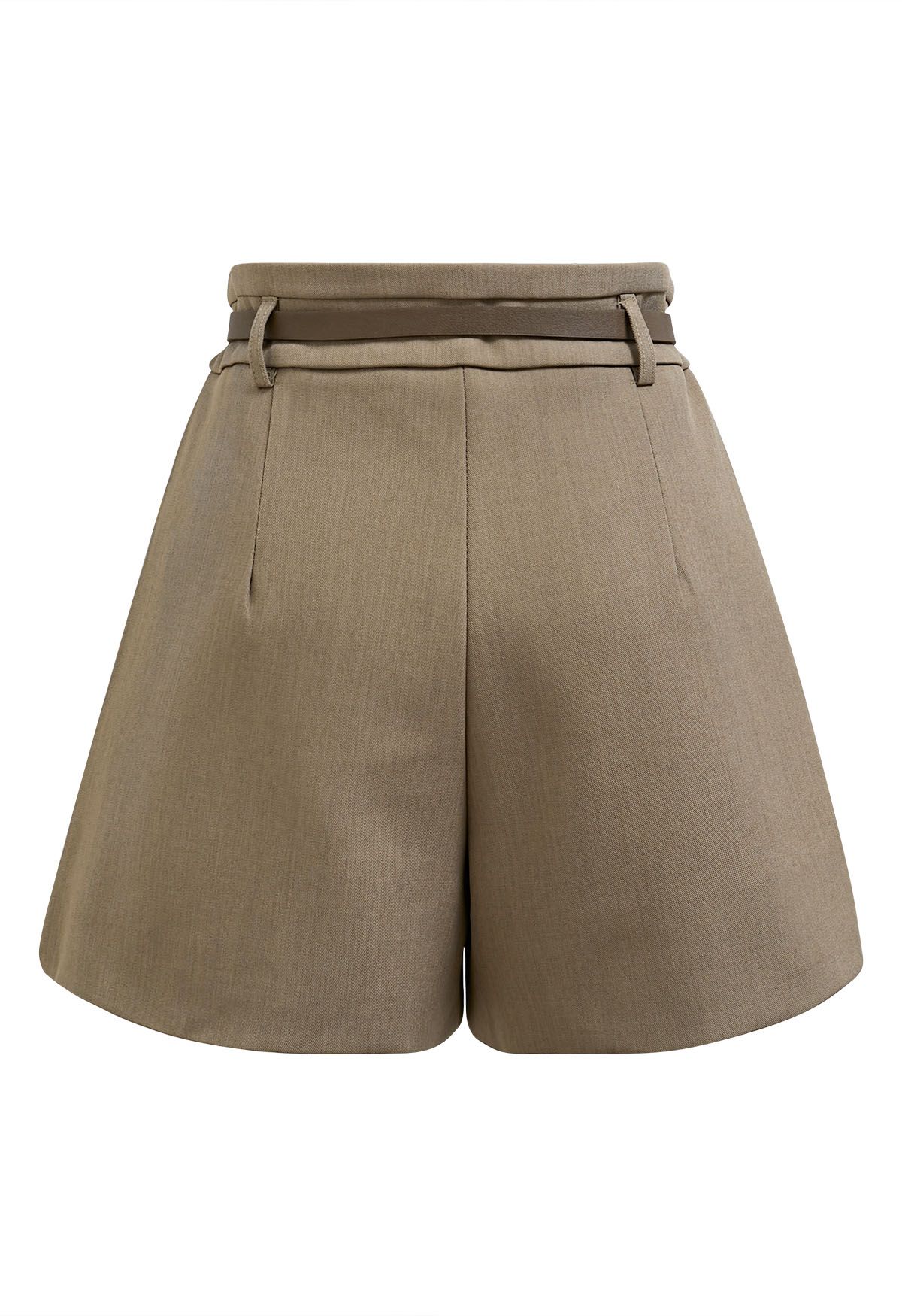 Solid Color Belted Shorts in Brown