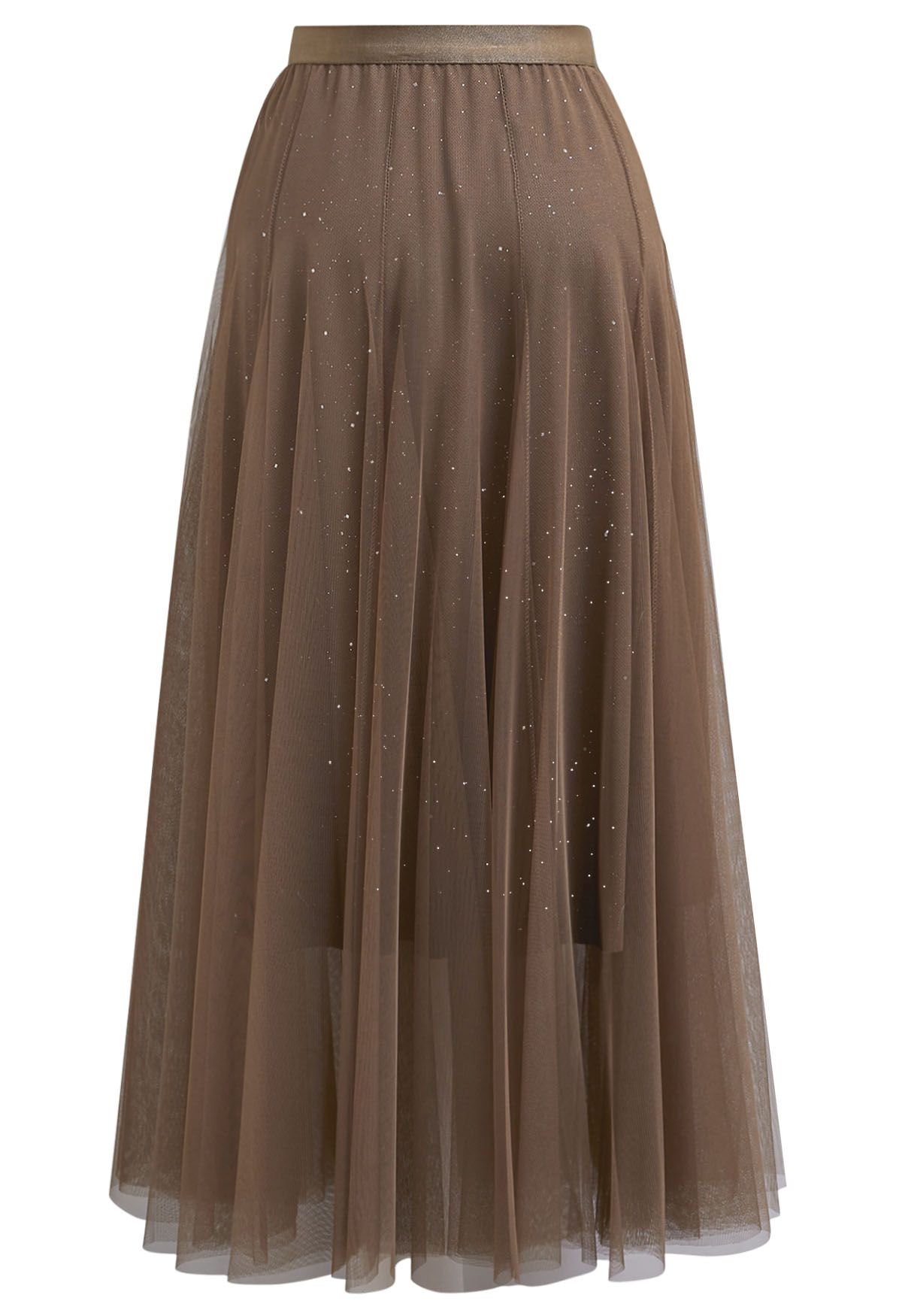 Venus Glitter Mesh Tulle Midi Skirt in Caramel