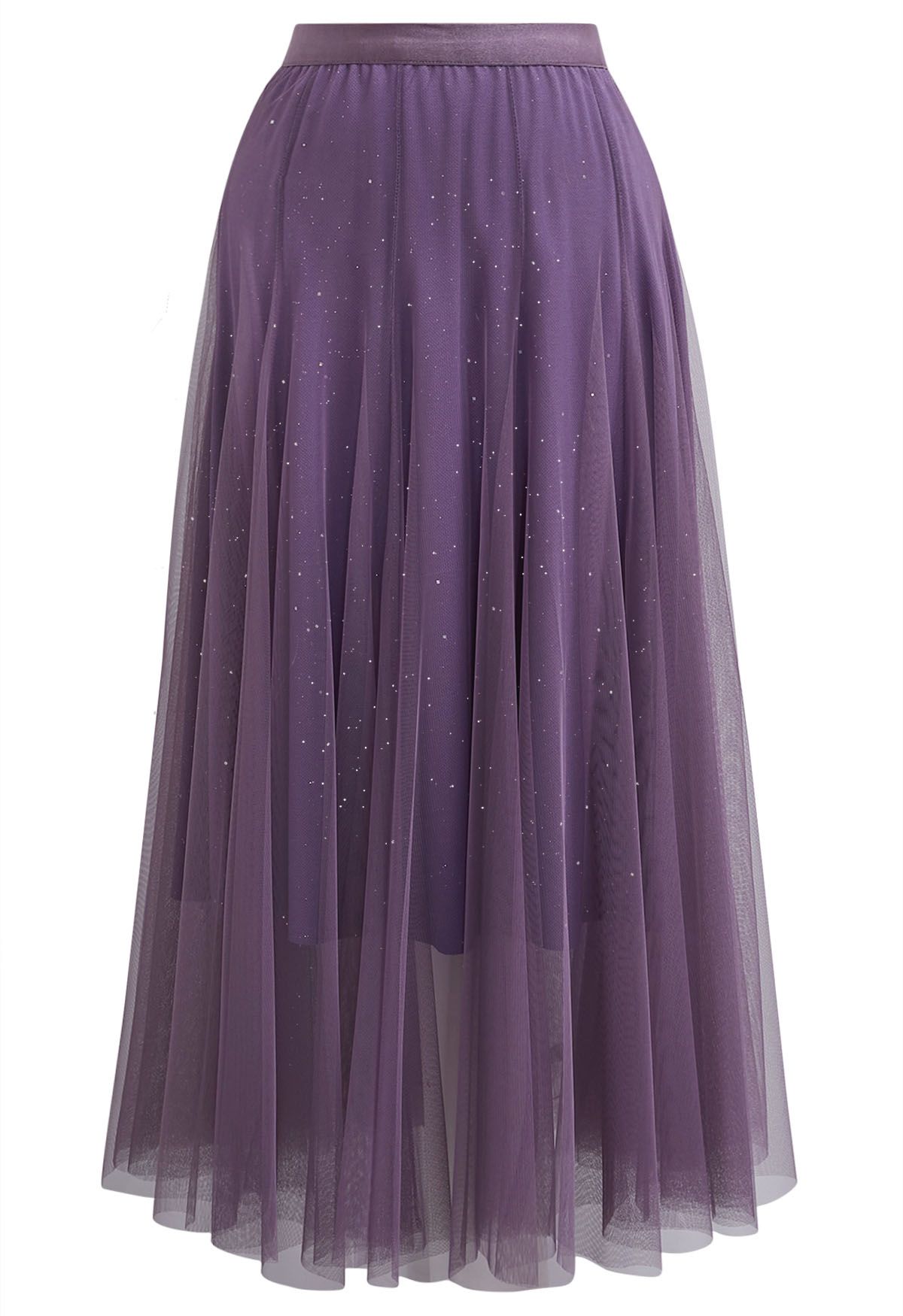 Venus Glitter Mesh Tulle Midi Skirt in Lavender