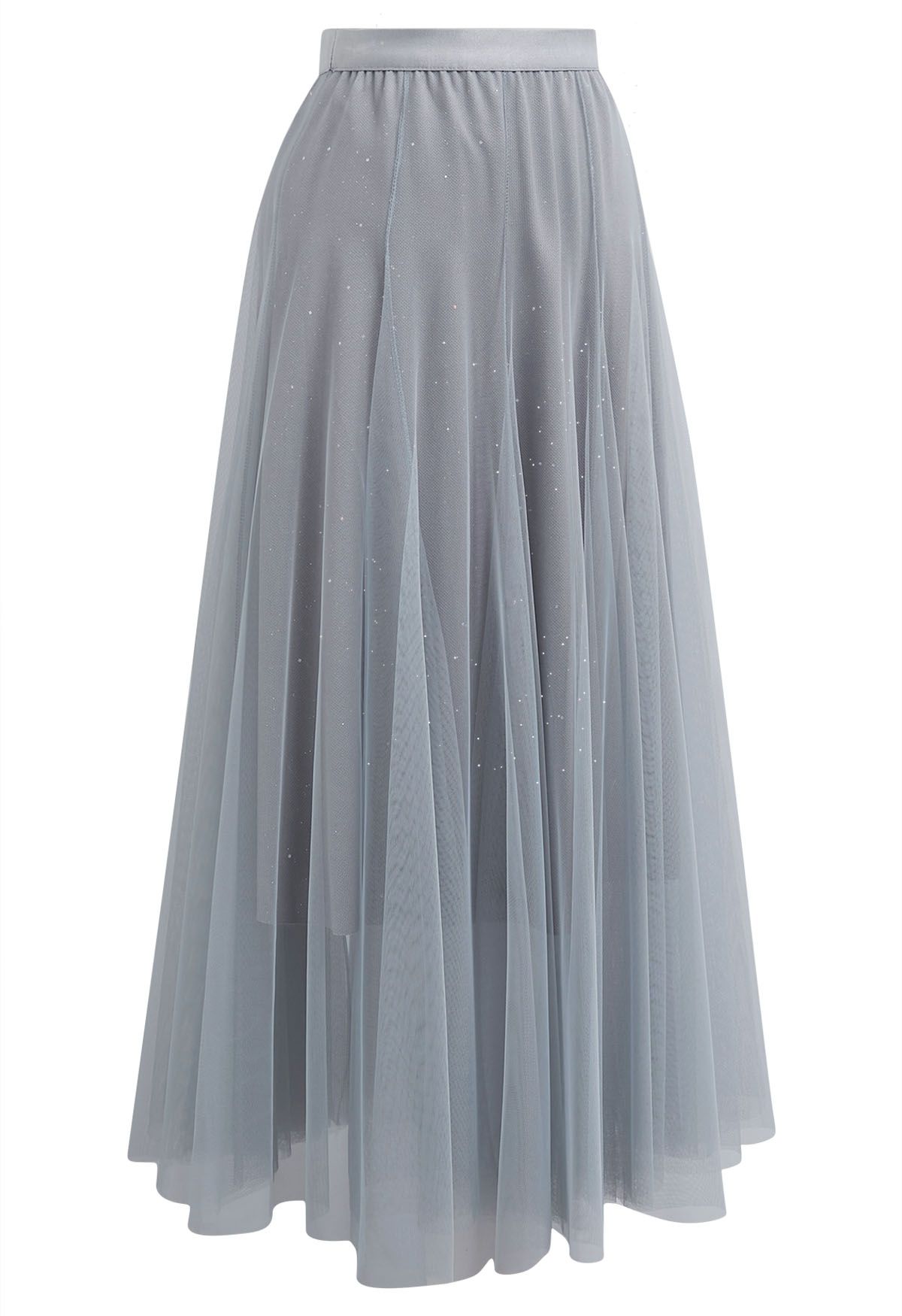 Venus Glitter Mesh Tulle Midi Skirt in Grey