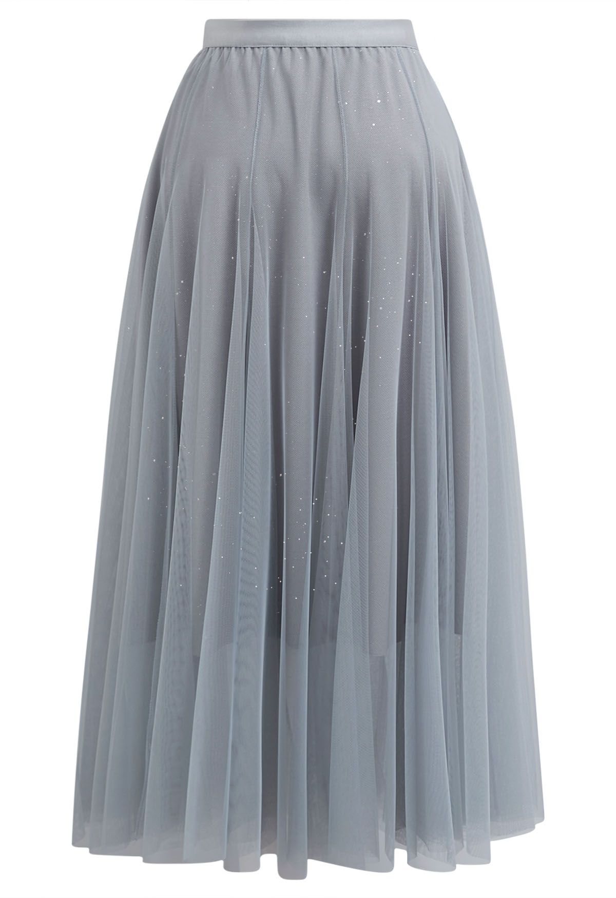 Venus Glitter Mesh Tulle Midi Skirt in Grey