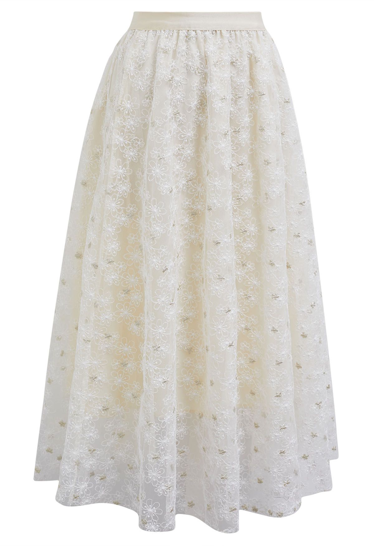 Daisy Embroidered Mesh Tulle Midi Skirt in Cream
