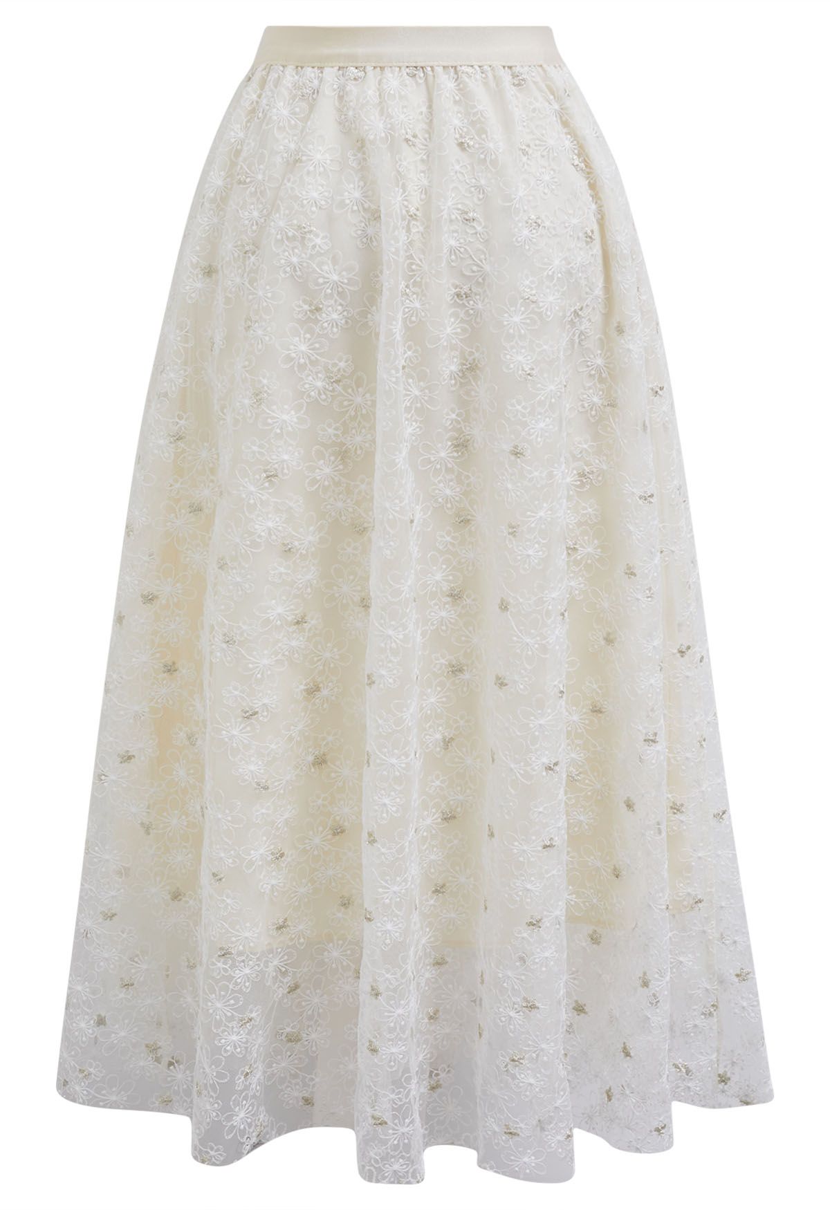 Daisy Embroidered Mesh Tulle Midi Skirt in Cream