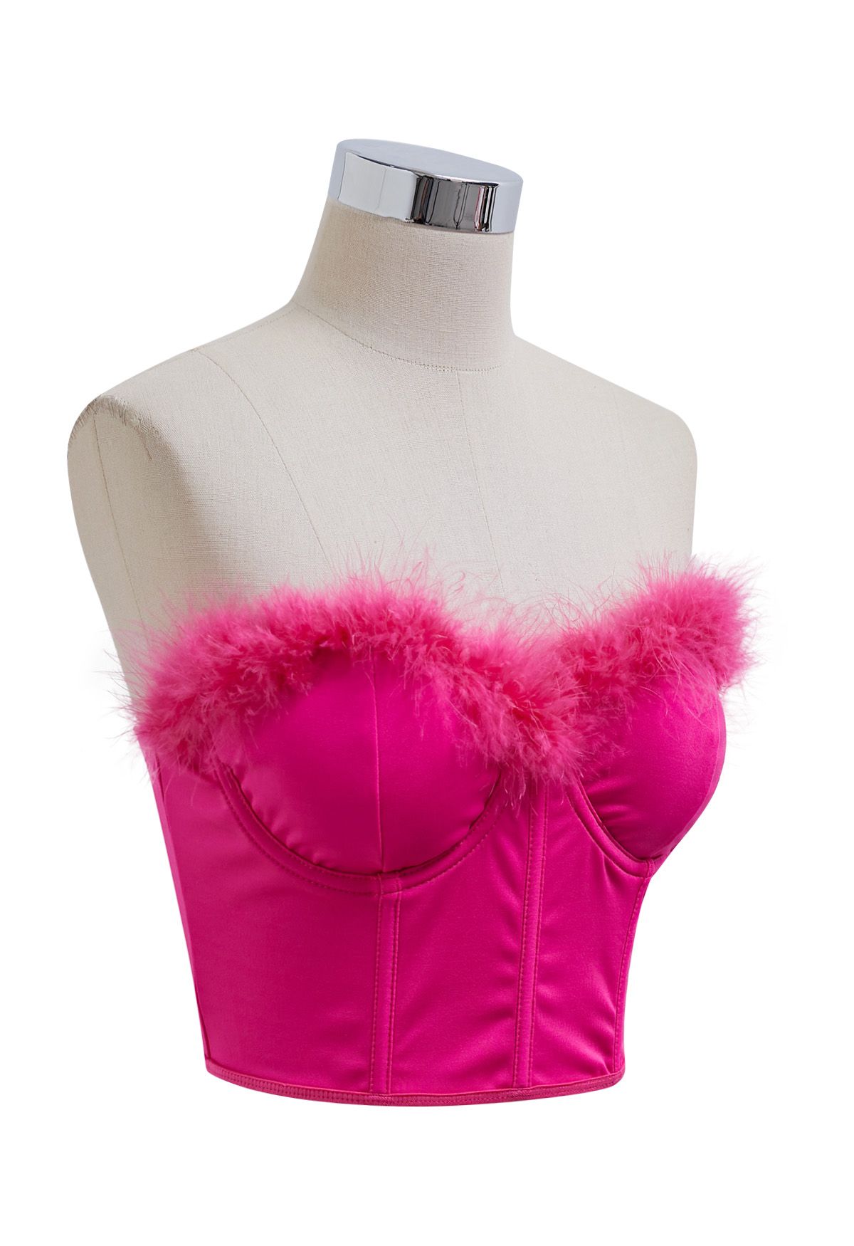 Feather Trim Bustier Crop Top in Hot Pink