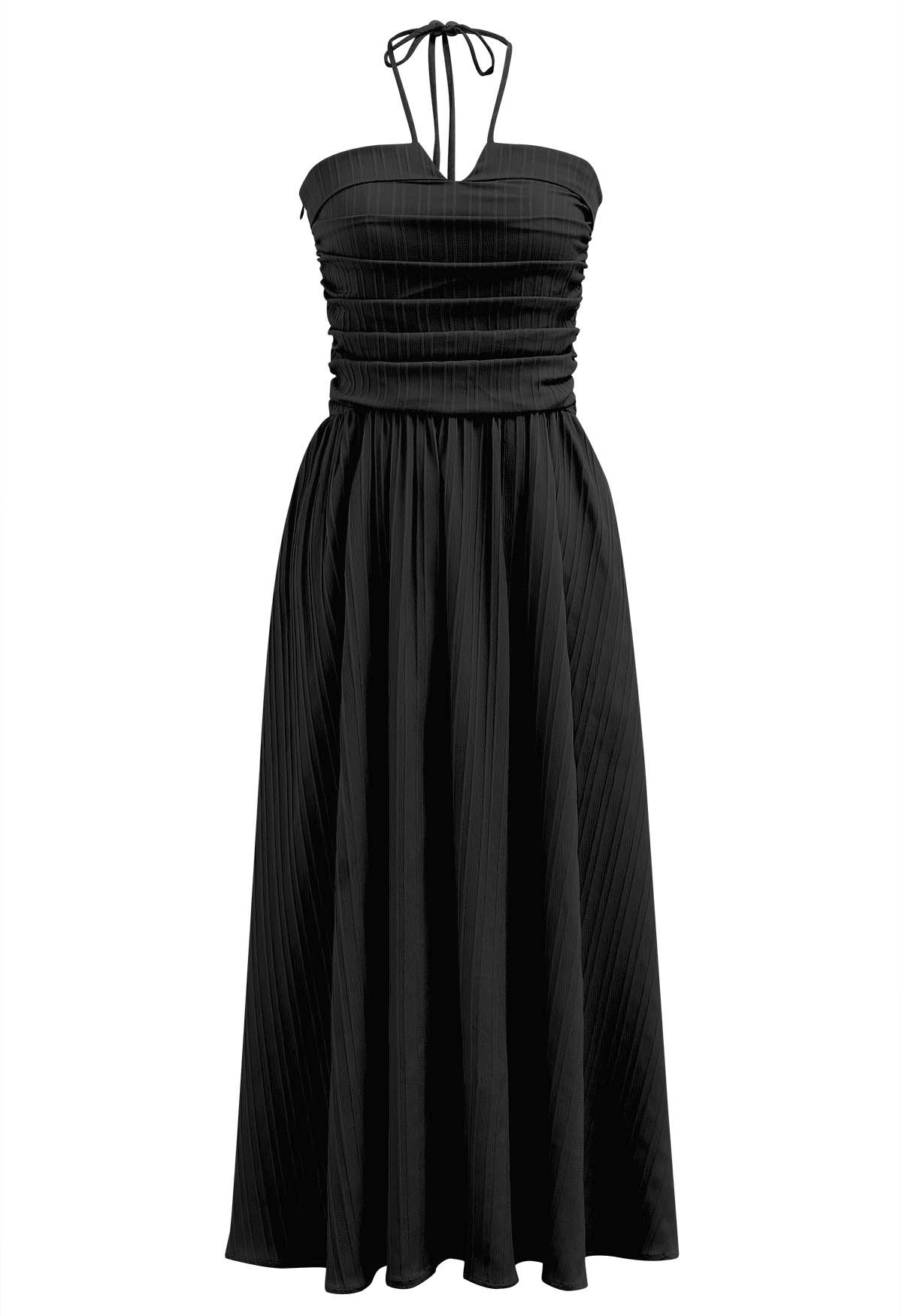 Halter Neck Shirred Back Midi Dress in Black