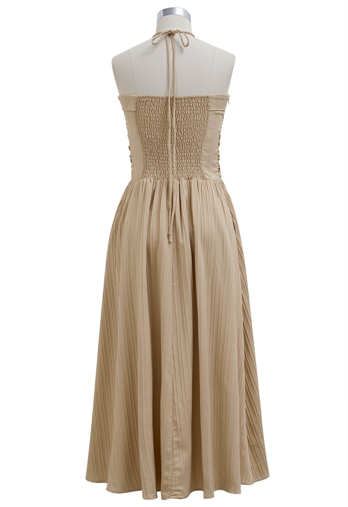 Halter Neck Shirred Back Midi Dress in Light Tan