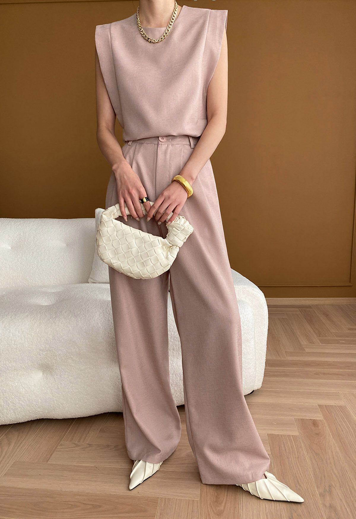 Chic Sleeveless Top and Flowy Wide-Leg Pants Set in Pink