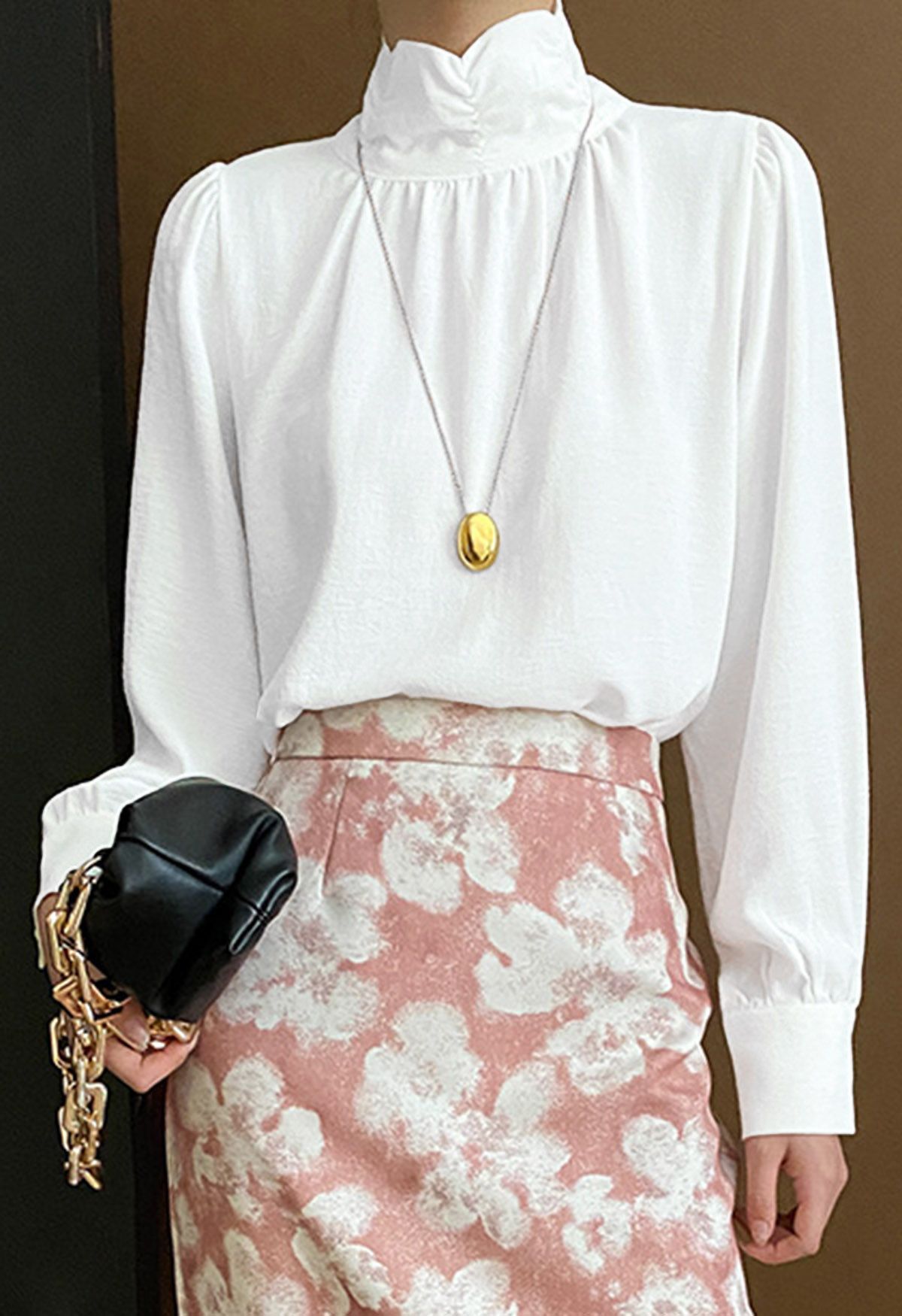 High Neck Puff Sleeve Chiffon Top in White