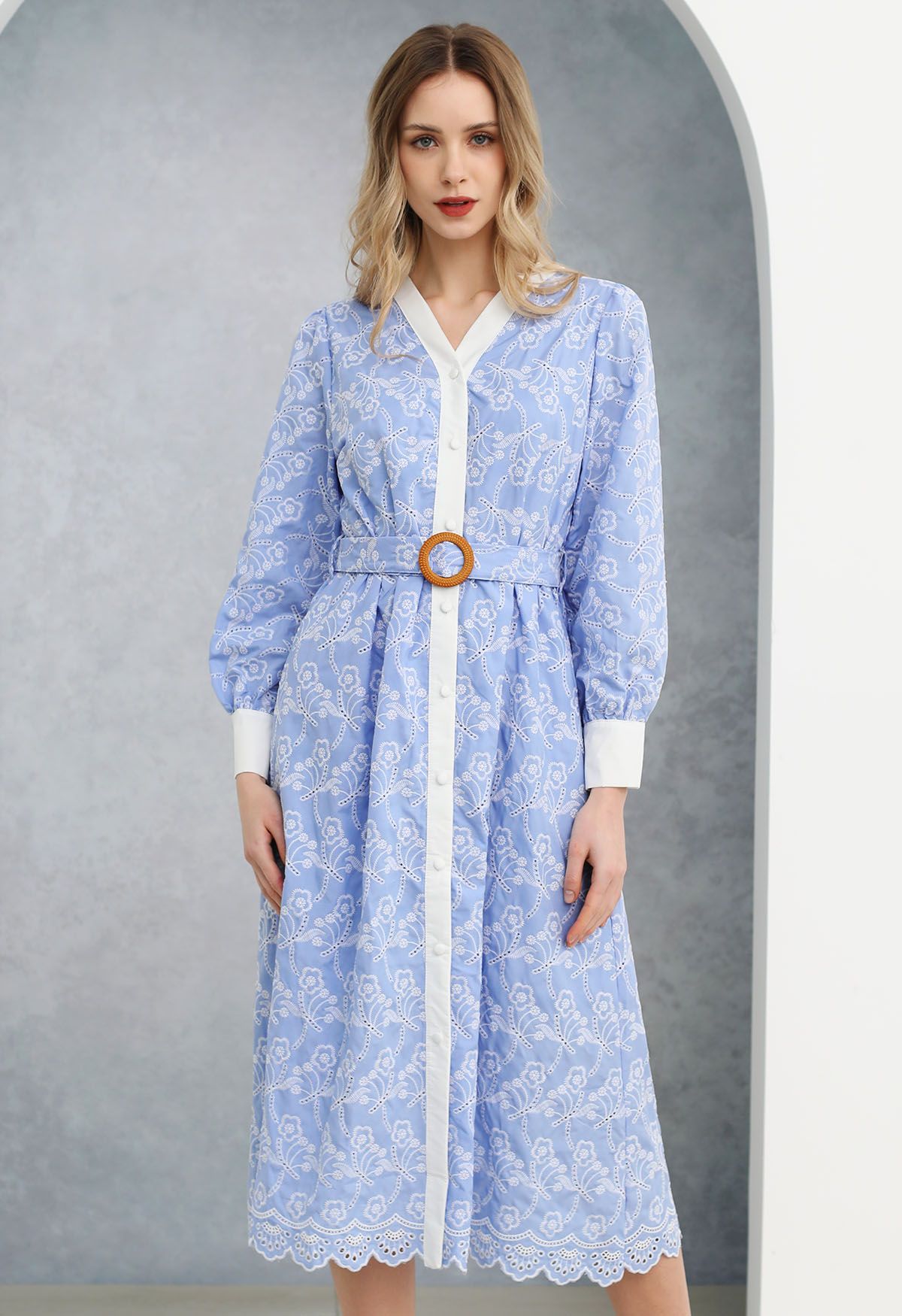 Dancing Floret Embroidered Button Down Dress in Baby Blue