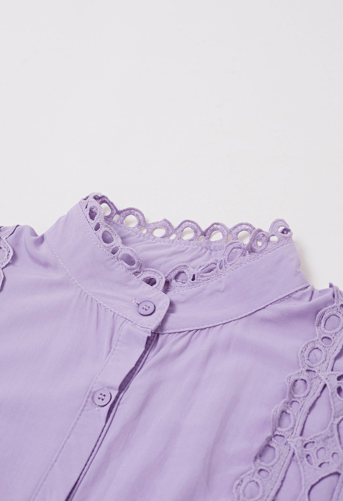 Cutwork Crochet Trim Button Down Peplum Top in Lilac