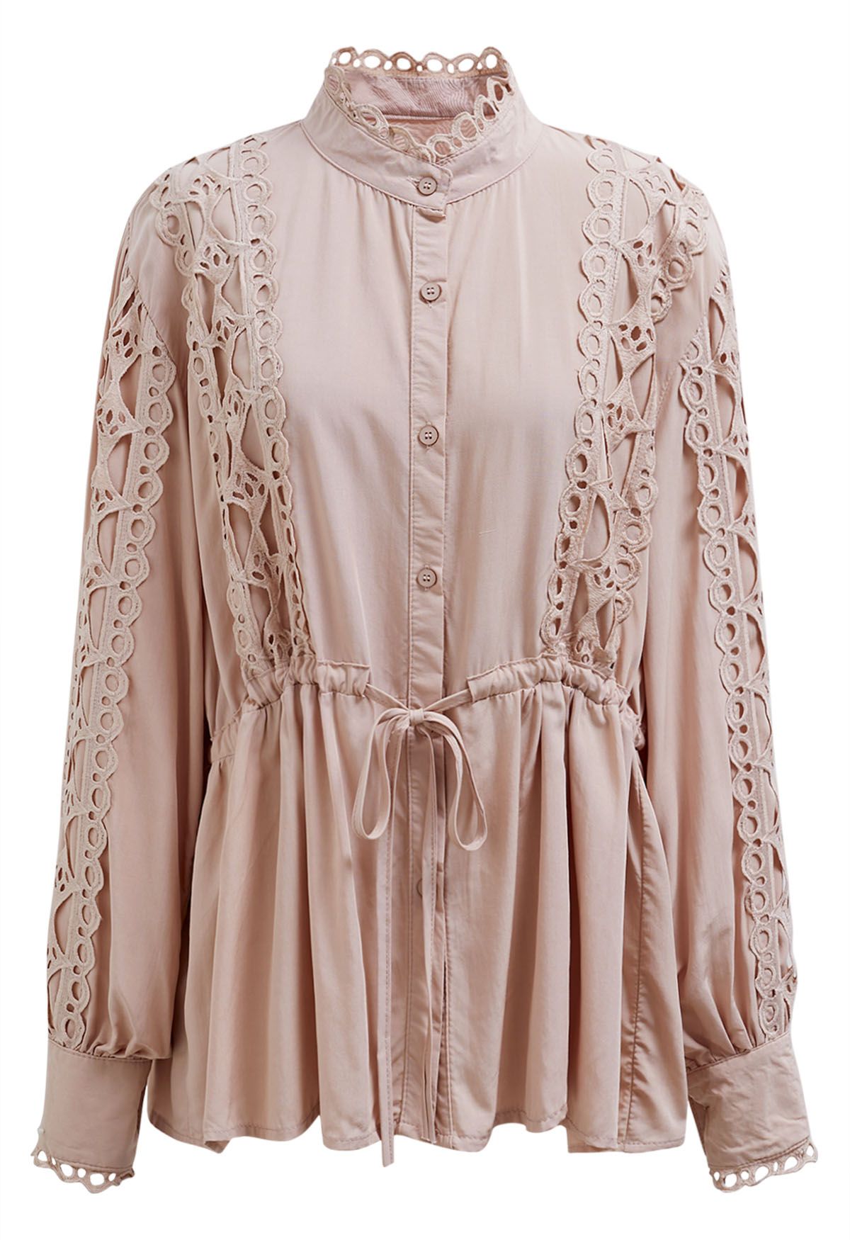 Cutwork Crochet Trim Button Down Peplum Top in Dusty Pink