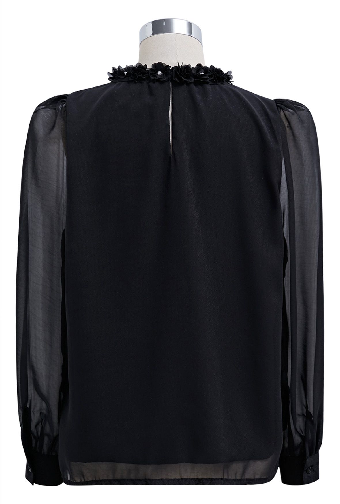 3D Petal Neckline Semi-Sheer Top in Black