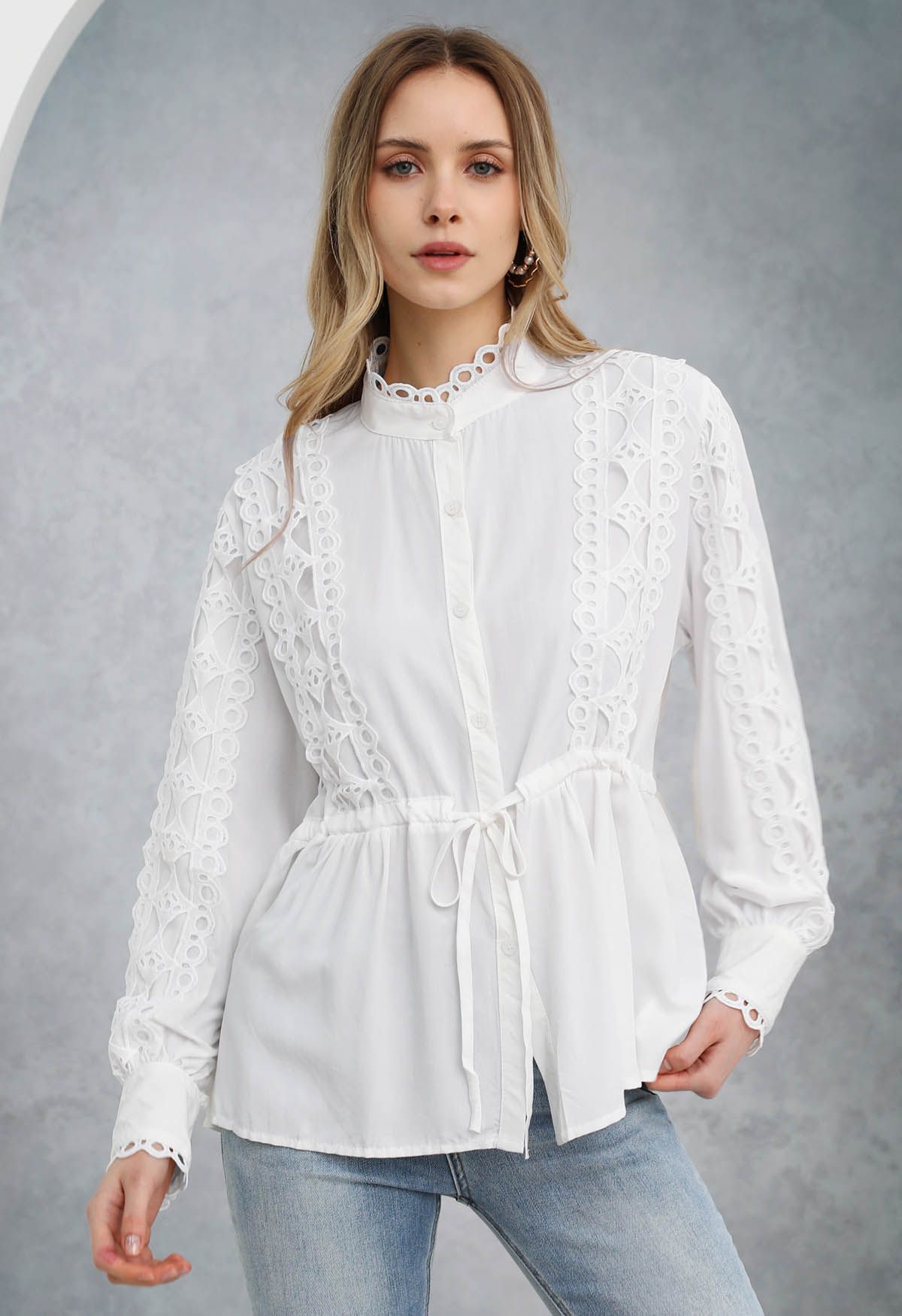 Cutwork Crochet Trim Button Down Peplum Top in White