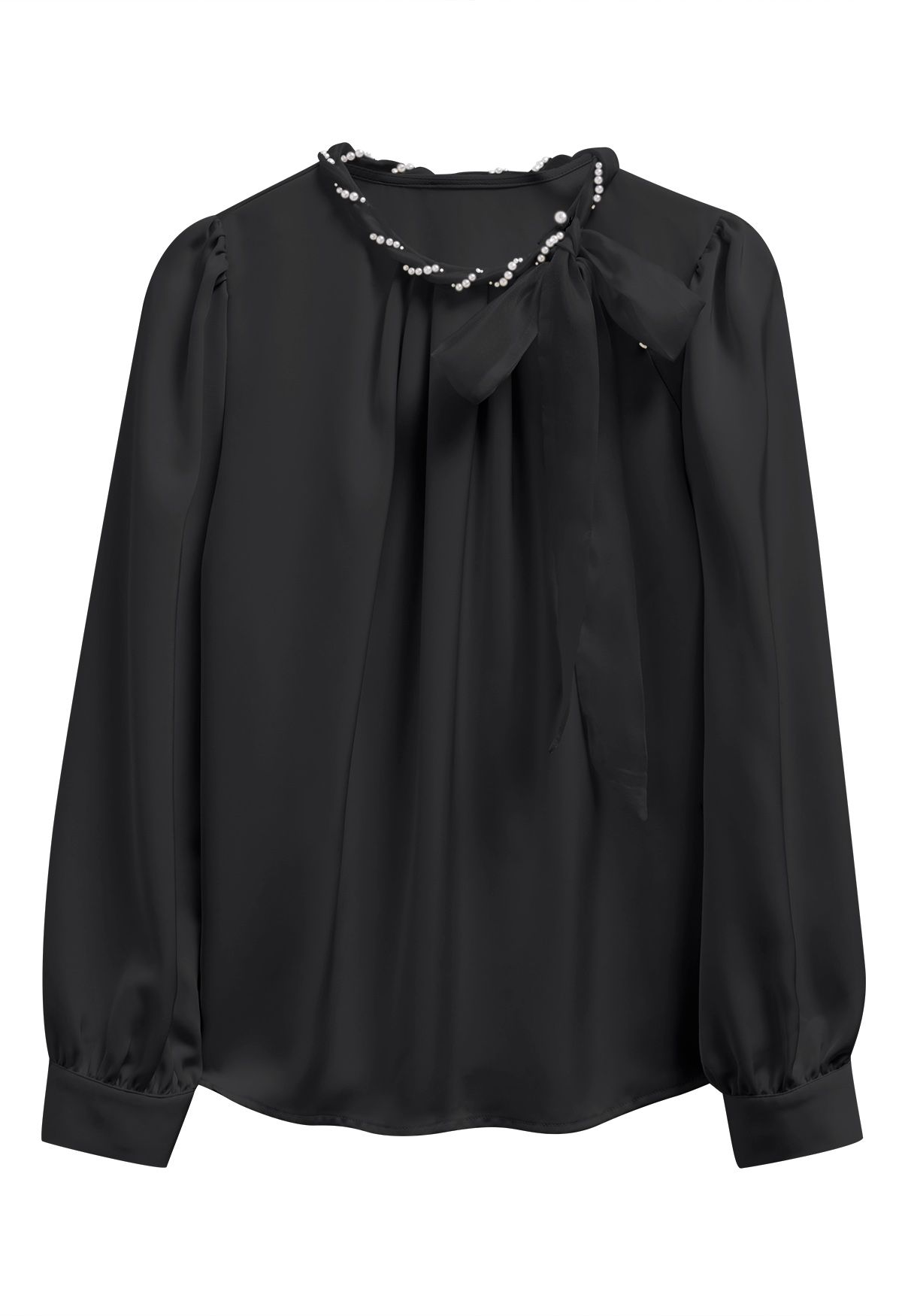 Pearly Neckline Side Bowknot Satin Top in Black