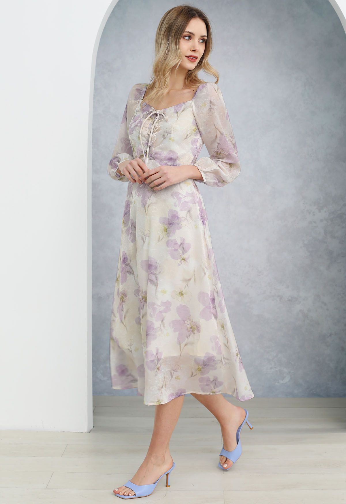 Step into Spring Floral Chiffon Midi Dress in Lilac