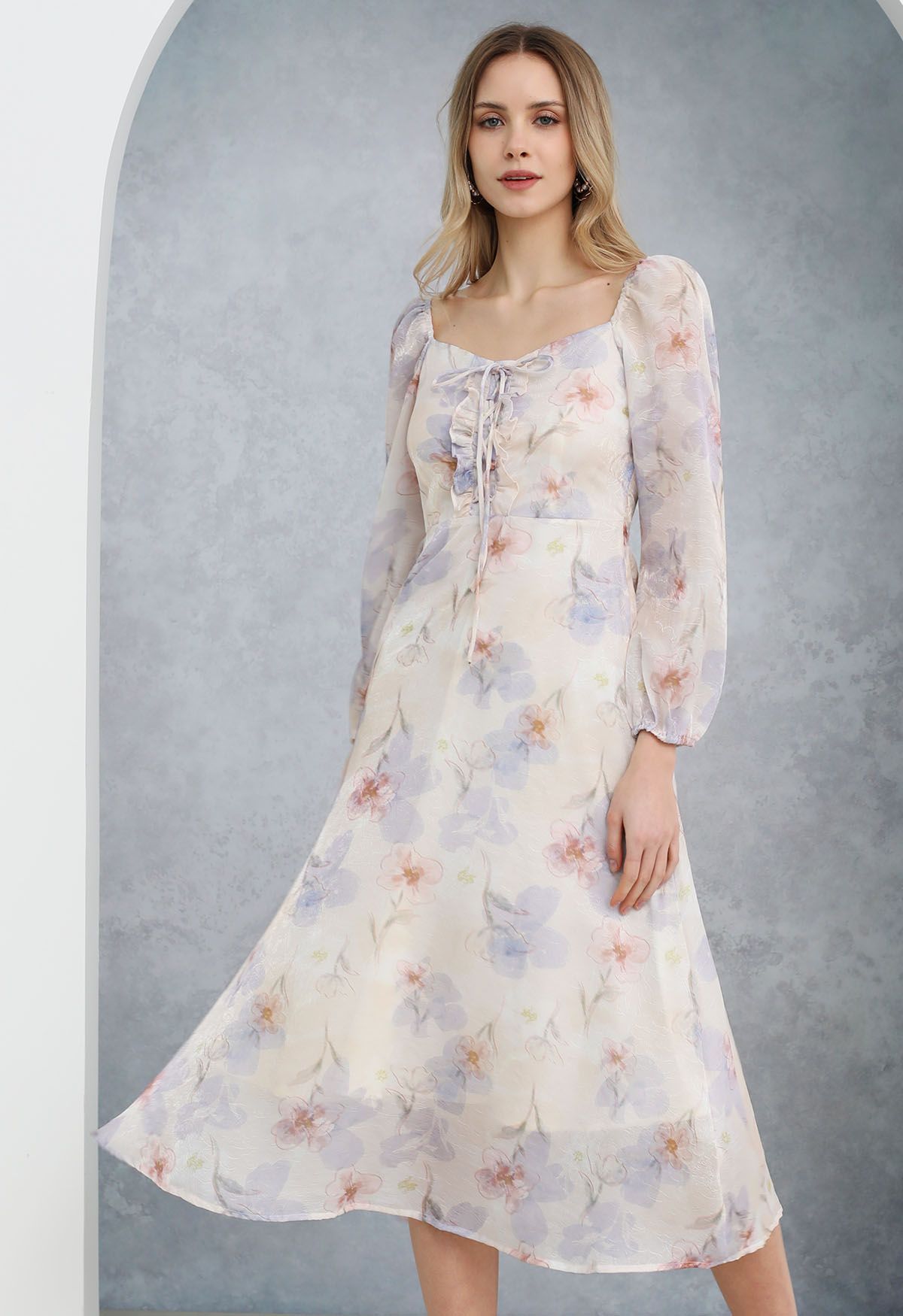 Step into Spring Floral Chiffon Midi Dress in Light Blue