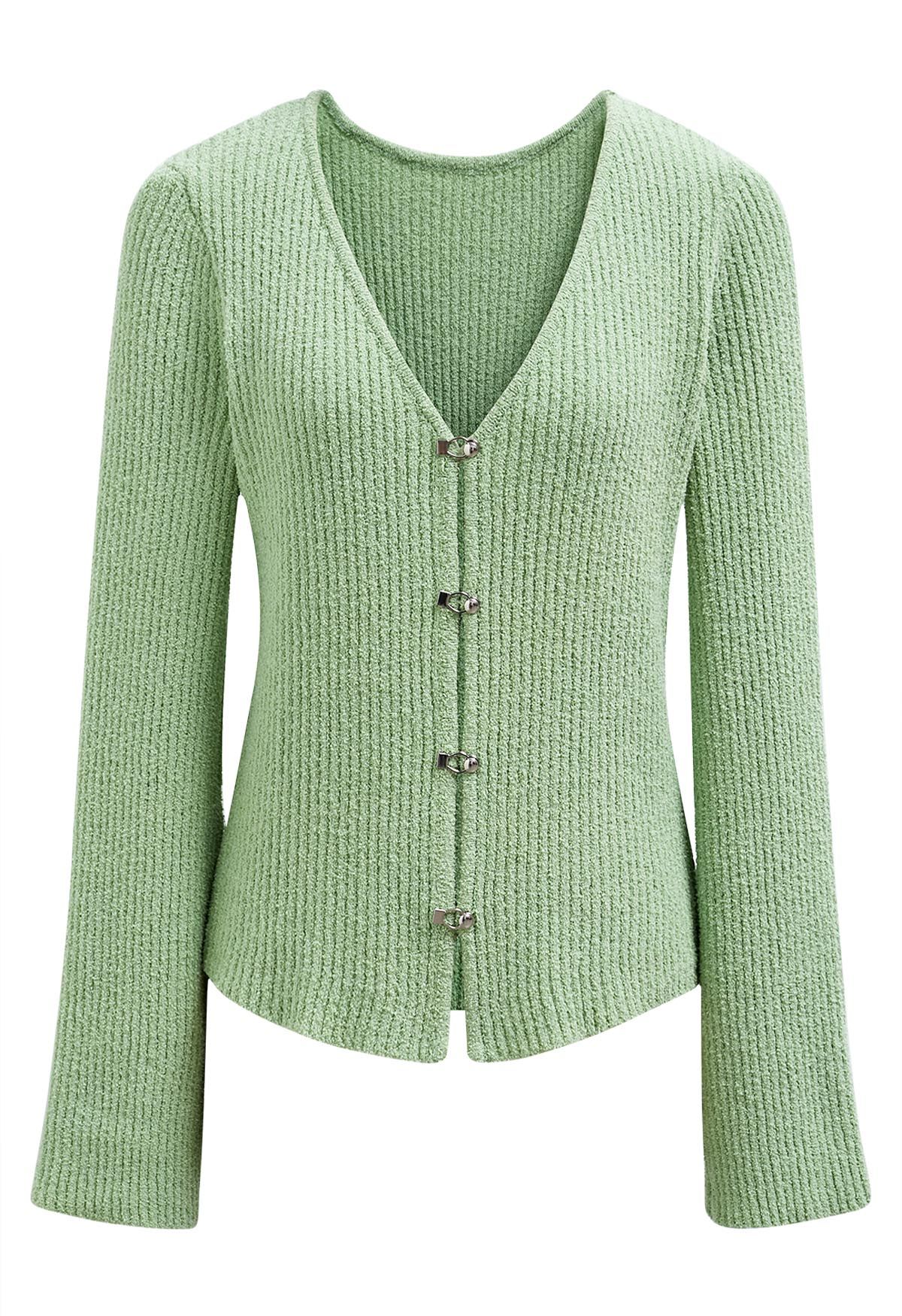 Hook Fastening Ribbed Knit Cardigan in Pistachio