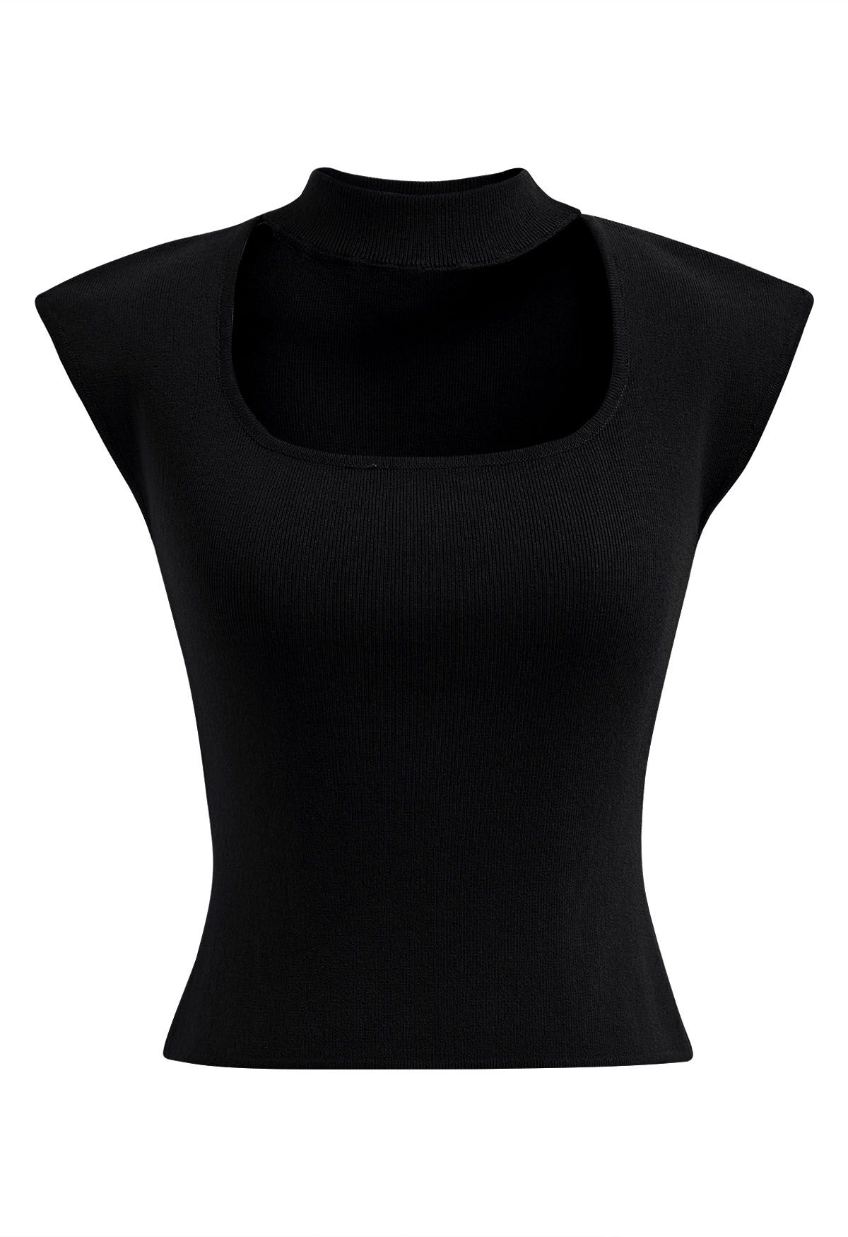 Choker Neck Cap Sleeve Knit Top in Black