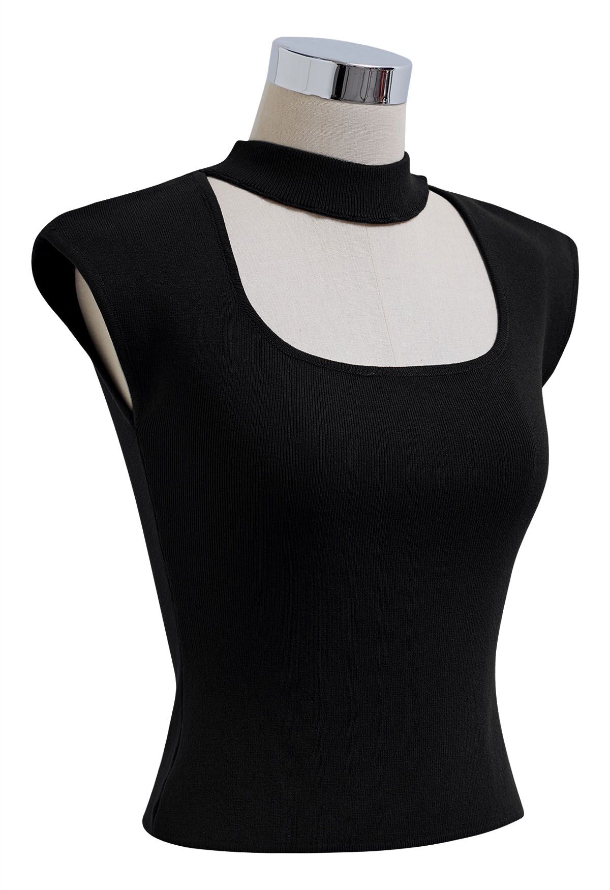 Choker Neck Cap Sleeve Knit Top in Black